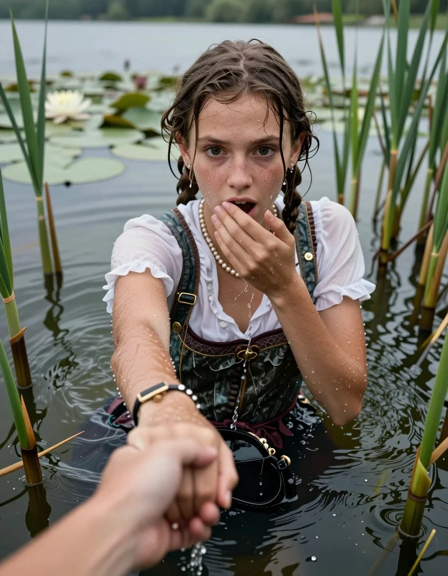 photo of young woman, in soaking wet, drenched clothes,
, , Short Dirndl, shoulderbag, pearl necklace, bracelet, wristwatch, Go back deep into the water after diving in a lake with water lilies and reeds, 
enjoying, wet clothes stuck to body,
detailed textures of the wet clothes, wet face, wet plastered hair,
wet, drenched, professional, high-quality details, full body view.
sharp focus, ultra-high pixel detail, realistic, high-quality, full colors, incredibly detailed, 4k, 8k, 16k, hyper-realistic, RAW photo, masterpiece, ultra-detailed, professionally color graded, professional photograph, Pigtails

15 years old  teenage girl

Looking down, open mouth, big eyes. hold with a hand the other the viewer's hand, pulling them toward the center of the water. One hand on her mouth. Whole body and shoulders are submerged under the surface. Looking up at camera. horny eyes.

she is completely underwater up to her neck,  afraid and astonished expression.

She hides in the reeds.

her submerged clothes are hardly vusible under water, she soaked her handbag into the water
she is completely underwater up to her neck, afraid and astonished expression. 

her clothing is soaking wet and clinging tightly to her skin, showing heavy wet folds, darkened fabric texture, and deep water-saturated Patches, her clothes are heavy from the water, water runs from her body and her clothes in streams. A lot of water also runs out of her clothes. Her clothes are darkened by the water. Her submerged clothes are good visible under the water.  she soaked her handbag into the water.

close up view, wet skin, wet clothes, wet hair, damp fabric, water runs down the clothes, wet skin, wet clothes, damp fabric. cinematic medium shot, hyper-realistic wetness, high-contrast water sheen, sharp focus, 16k resolution, professional photography, realistic water physics., wet skin, wet clothes, damp fabric, wet skin, wet clothes, damp fabric, wet skin, wet clothes, damp fabric