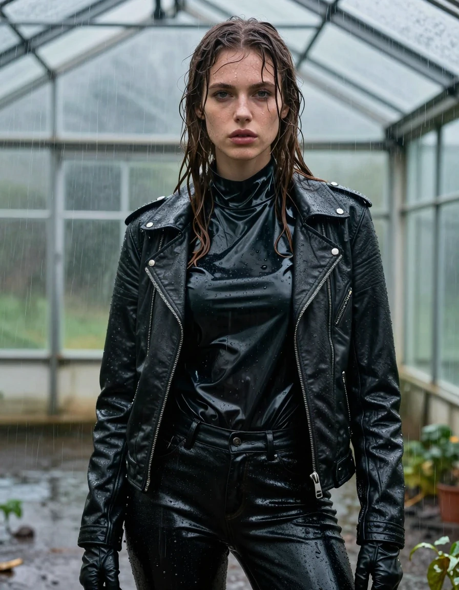 A close-up photorealistic portrait of a young adult European woman with long dripping wet brown hair and glistening wet skin, standing inside a leaking greenhouse during a torrential downpour. She is wearing an oversized black vinyl polar neck shirt that clings to her frame, layered under a rugged black biker leather jacket, with black leather gloves on her hands. Her legs are clad in black leather jeans, visibly soaked with water sheen and heavy wet folds. The entire scene is drenched, with heavy rain pouring through the glass ceiling, creating a damp atmosphere where fabric is heavy and saturated. The lighting is moody and cinematic, highlighting the glossy, reflective textures of the wet vinyl, leather, and skin. The composition is a tight, detailed shot emphasizing the textures of the dripping wet clothing and the intense, rain-soaked environment. No nudity, clean anatomy, high-fidelity textures.