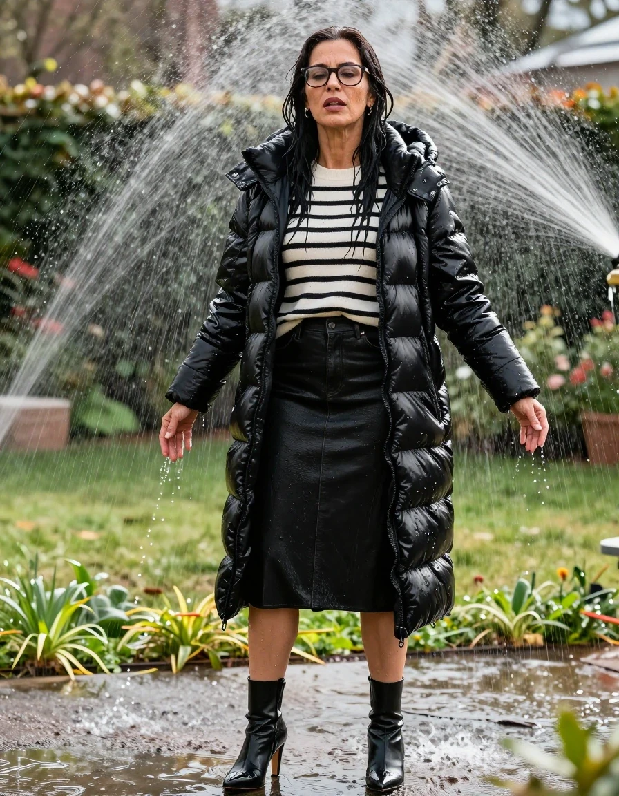 photo of young woman, in soaking wet, drenched clothes,
high-heeled boots, midi black leather denim skirt, white & black striped sweater, maxi black Shiny puffer down jacket, under sprinklers in sunny garden, enjoying wet clothes stuck body, enjoying, wet clothes stuck to body, 
enjoying, wet clothes stuck to body,
detailed textures of the wet clothes, wet face, wet plastered hair,
wet, drenched, professional, high-quality details, full body view.
sharp focus, ultra-high pixel detail, realistic, high-quality, full colors, incredibly detailed, 4k, 8k, 16k, hyper-realistic, RAW photo, masterpiece, ultra-detailed, professionally color graded, professional photograph, europen brunette skinny woman 50 years old, long dark black hair, office glasses, very big and thick lips, complete body, wet skin, wet clothes, damp fabric, wet skin, wet clothes, damp fabric, wet skin, wet clothes, damp fabric, wet skin, wet clothes, damp fabric, wet skin, wet clothes, damp fabric, wet skin, wet clothes, damp fabric, wet skin, wet clothes, damp fabric