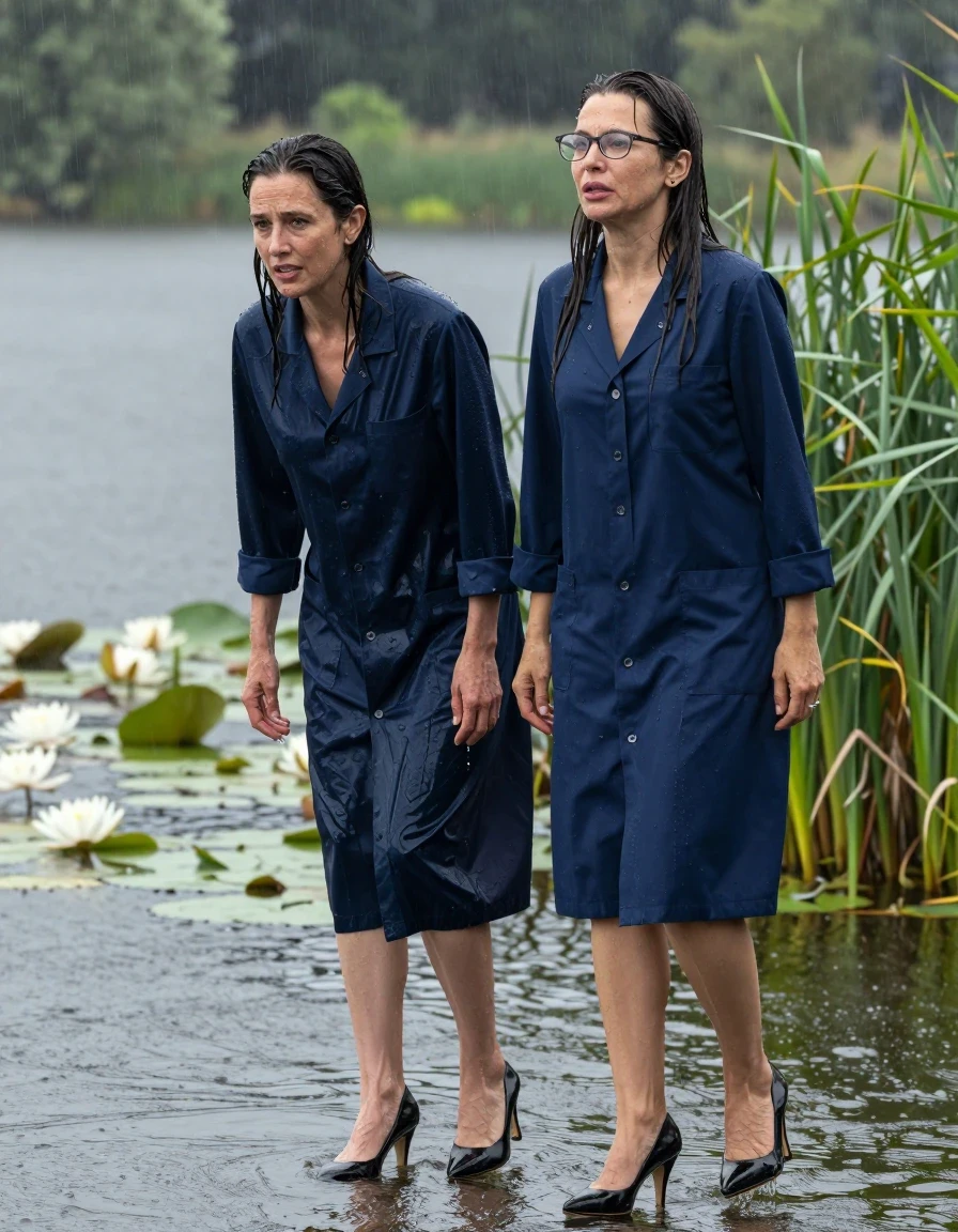 photo of young woman, in soaking wet, drenched clothes,
black shoes with high heels, maxi dark blue labcoat, maxi dark blue labcoat, Emerging submerged after diving in a lake with water lilies and reeds, rain,, enjoying wet clothes stuck body, enjoying, wet clothes stuck to body, 
enjoying, wet clothes stuck to body,
detailed textures of the wet clothes, wet face, wet plastered hair,
wet, drenched, professional, high-quality details, full body view.
sharp focus, ultra-high pixel detail, realistic, high-quality, full colors, incredibly detailed, 4k, 8k, 16k, hyper-realistic, RAW photo, masterpiece, ultra-detailed, professionally color graded, professional photograph, two europen brunette skinny women 50 years old, long dark black hair, office glasses, very big and thick lips, complete body, wet skin, wet clothes, damp fabric, wet skin, wet clothes, damp fabric, wet skin, wet clothes, damp fabric, wet skin, wet clothes, damp fabric, wet skin, wet clothes, damp fabric, wet skin, wet clothes, damp fabric, wet skin, wet clothes, damp fabric