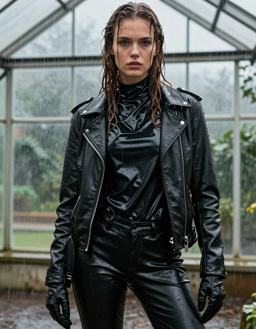 A photorealistic close-up of a young adult European woman with long, dripping wet brown hair and glistening, water-drenched skin. She is wearing an oversized black vinyl polar neck shirt with a high-gloss sheen, layered under a rugged black biker leather jacket, with black leather gloves on both hands. She wears black leather jeans that cling to her legs with heavy, realistic wet folds and light-catching textures. She is standing inside a glass greenhouse during a heavy rainstorm, with water leaking through the structure and drenching her completely. The fabric of her clothes appears darkened, heavy, and saturated from the downpour, with water droplets and continuous streams of rain visible on her skin and garments. High-contrast lighting captures the specular highlights on the wet vinyl and leather surfaces. Professional photography, sharp focus, cinematic atmosphere, 8k resolution, highly detailed textures, no nudity, fully clothed.
