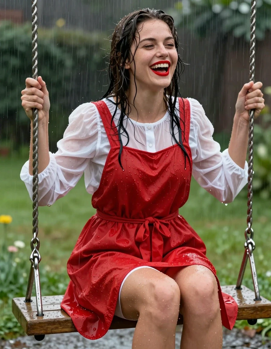 photo of young woman, in soaking wet, drenched clothes,
barfusses, roter kurzer Faltenrock aus Baumwolle, weißer Slip aus Satin., weisse Sommerbluse mit Puffärmeln, im Garten auf einer Schaukel, 
enjoying, wet clothes stuck to body,
detailed textures of the wet clothes, wet face, wet plastered hair,
wet, drenched, professional, high-quality details, full body view.
sharp focus, ultra-high pixel detail, realistic, high-quality, full colors, incredibly detailed, 4k, 8k, 16k, hyper-realistic, RAW photo, masterpiece, ultra-detailed, professionally color graded, professional photograph, Eine junge Frau sitzt voll bekleidet auf einer Schaukel im Regen, sie hat rot geschminkte Lippen, ihre Bekleidung ist völlig durchnässt und wirft Falten, sie hat den Rock weit hochgezogen, sie hat ihre Beine weit aus einander gespreizt und zeigt ihren weißen Slip aus Satin. Sie lacht fröhlich mit offenem Mund., wet skin, wet clothes, damp fabric