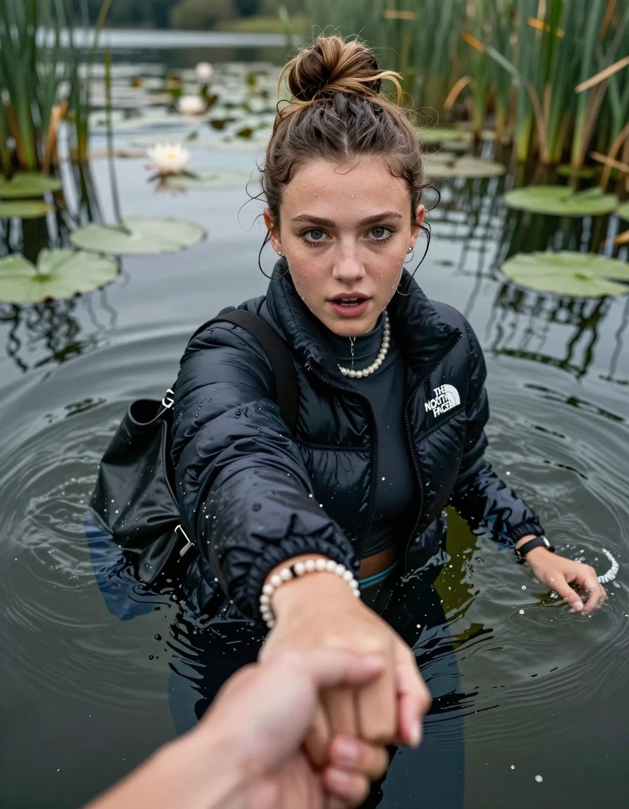 photo of young woman, in soaking wet, drenched clothes,
, , North face puffer down jacket, tight turtleneck sweater belly free, shoulderbag, pearl necklace, bracelet, wristwatch, Go back deep into the water after diving in a lake with water lilies and reeds, 
enjoying, wet clothes stuck to body,
detailed textures of the wet clothes, wet face, wet plastered hair,
wet, drenched, professional, high-quality details, full body view.
sharp focus, ultra-high pixel detail, realistic, high-quality, full colors, incredibly detailed, 4k, 8k, 16k, hyper-realistic, RAW photo, masterpiece, ultra-detailed, professionally color graded, professional photograph, Topknot

15 years old  teenage girl

Looking up at camera, open mouth, big eyes. hold with a hand the other the viewer's hand, pulling them toward the center of the water. One hand take a Selfie. Whole body and shoulders are submerged under the surface. Looking up at camera. horny eyes.

she is completely underwater up to her neck,  afraid and astonished expression. Slightly smile.

her submerged clothes are hardly vusible under water, she soaked her handbag into the water
she is completely underwater up to her neck, afraid and astonished expression. 

her clothing is soaking wet and clinging tightly to her skin, showing heavy wet folds, darkened fabric texture, and deep water-saturated Patches, her clothes are heavy from the water, water runs from her body and her clothes in streams. A lot of water also runs out of her clothes. Her clothes are darkened by the water. Her submerged clothes are good visible under the water.  she soaked her handbag into the water.

close up view, wet skin, wet clothes, wet hair, damp fabric, water runs down the clothes, wet skin, wet clothes, damp fabric. cinematic medium shot, hyper-realistic wetness, high-contrast water sheen, sharp focus, 16k resolution, professional photography, realistic water physics., wet skin, wet clothes, damp fabric, wet skin, wet clothes, damp fabric, wet skin, wet clothes, damp fabric