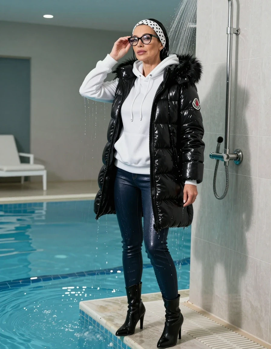 photo of young woman, in soaking wet, drenched clothes,
high-heeled boots, long dark blue leather jeans, white hoodie, maxi black Moncler Shiny puffer down jacket with fur, taking shower after bath in indoor swimming pool, enjoying wet clothes stuck body, enjoying, wet clothes stuck to body, 
enjoying, wet clothes stuck to body,
detailed textures of the wet clothes, wet face, wet plastered hair,
wet, drenched, professional, high-quality details, full body view.
sharp focus, ultra-high pixel detail, realistic, high-quality, full colors, incredibly detailed, 4k, 8k, 16k, hyper-realistic, RAW photo, masterpiece, ultra-detailed, professionally color graded, professional photograph, europen brunette skinny woman 50 years old, long dark black hair, white headband with black polka dots, office glasses, very big and thick lips, complete body, wet skin, wet clothes, damp fabric, wet skin, wet clothes, damp fabric, wet skin, wet clothes, damp fabric, wet skin, wet clothes, damp fabric, wet skin, wet clothes, damp fabric, wet skin, wet clothes, damp fabric, wet skin, wet clothes, damp fabric