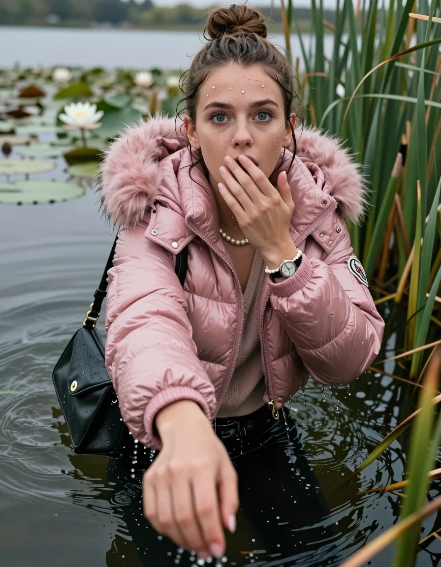 photo of young woman, in soaking wet, drenched clothes,
, black leatherleggings , Pink Moncler shiny puffer down coat with fur, v-neck sweater, shoulderbag, pearl necklace, bracelet, wristwatch, Go back deep into the water after diving in a lake with water lilies and reeds, 
enjoying, wet clothes stuck to body,
detailed textures of the wet clothes, wet face, wet plastered hair,
wet, drenched, professional, high-quality details, full body view.
sharp focus, ultra-high pixel detail, realistic, high-quality, full colors, incredibly detailed, 4k, 8k, 16k, hyper-realistic, RAW photo, masterpiece, ultra-detailed, professionally color graded, professional photograph, Topknot

15 years old  teenage girl

Looking up, head in the neck, open mouth, big eyes. 0ne hand on her mouth, hold with the other the viewer's hand, pulling them toward the center of the water.  Whole body and shoulders are submerged under the surface. Looking up at camera. horny eyes.

she is completely underwater up to her neck,  afraid and sexuell astonished expression.

She hides in the reeds.

her submerged clothes are hardly vusible under water, she soaked her handbag into the water
she is completely underwater up to her neck, afraid and astonished expression. 

her clothing is soaking wet and clinging tightly to her skin, showing heavy wet folds, darkened fabric texture, and deep water-saturated Patches, her clothes are heavy from the water, water runs from her body and her clothes in streams. A lot of water also runs out of her clothes. Her clothes are darkened by the water. Her submerged clothes are good visible under the water.  she soaked her handbag into the water.

close up view, wet skin, wet clothes, wet hair, damp fabric, water runs down the clothes, wet skin, wet clothes, damp fabric. cinematic medium shot, hyper-realistic wetness, high-contrast water sheen, sharp focus, 16k resolution, professional photography, realistic water physics., wet skin, wet clothes, damp fabric, wet skin, wet clothes, damp fabric, wet skin, wet clothes, damp fabric