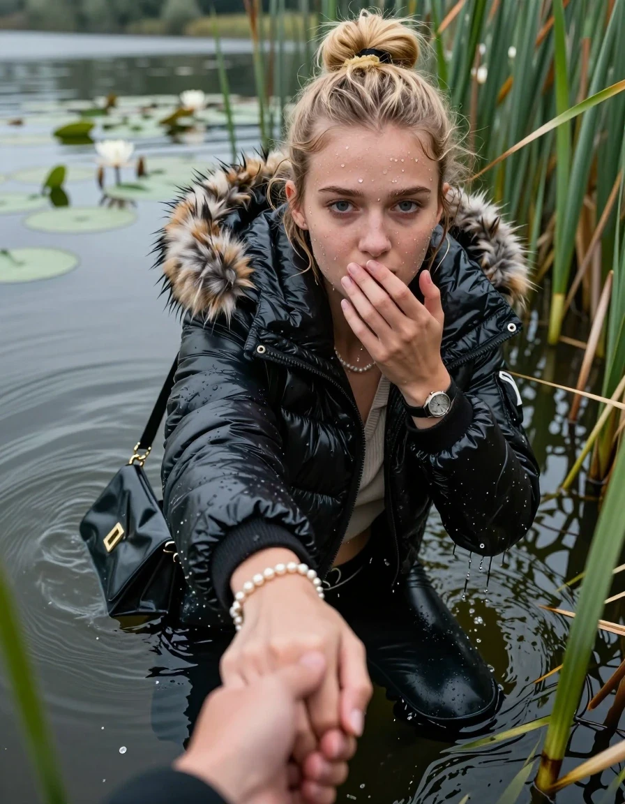photo of young woman, in soaking wet, drenched clothes,
, black leatherleggings , Moncler shiny puffer down coat with fur, v-neck sweater, shoulderbag, pearl necklace, bracelet, wristwatch, Go back in the water after diving in a lake with water lilies and reeds, 
enjoying, wet clothes stuck to body,
detailed textures of the wet clothes, wet face, wet plastered hair,
wet, drenched, professional, high-quality details, full body view.
sharp focus, ultra-high pixel detail, realistic, high-quality, full colors, incredibly detailed, 4k, 8k, 16k, hyper-realistic, RAW photo, masterpiece, ultra-detailed, professionally color graded, professional photograph, Blonde Topknot

15 years old  teenage girl

Looking slightly away, open mouth, big eyes. hold with a hand the viewer's hand, pulling them toward the center of the water.  The other hand covers her mouth. Whole body and shoulders are submerged under the surface. Looking up at camera. horny eyes.

she is completely underwater up to her neck,  sad but enjoying expression.

She hides in the reeds.

her submerged clothes are hardly vusible under water, she soaked her handbag into the water
she is completely underwater up to her neck, afraid and astonished expression. 

her clothing is soaking wet and clinging tightly to her skin, showing heavy wet folds, darkened fabric texture, and deep water-saturated Patches, her clothes are heavy from the water, water runs from her body and her clothes in streams. A lot of water also runs out of her clothes. Her clothes are darkened by the water. Her submerged clothes are good visible under the water.  she soaked her handbag into the water.

close up view, wet skin, wet clothes, wet hair, damp fabric, water runs down the clothes, wet skin, wet clothes, damp fabric. cinematic medium shot, hyper-realistic wetness, high-contrast water sheen, sharp focus, 16k resolution, professional photography, realistic water physics., wet skin, wet clothes, damp fabric, wet skin, wet clothes, damp fabric