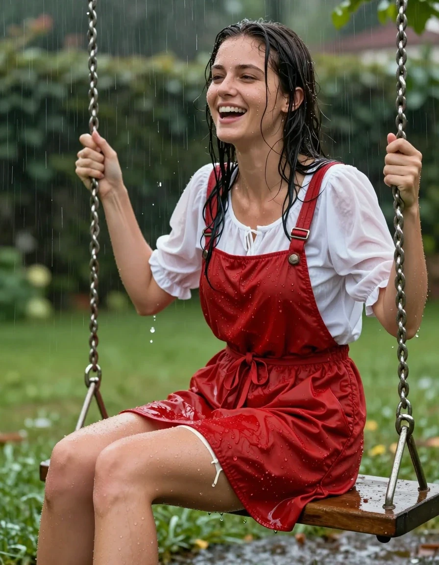 photo of young woman, in soaking wet, drenched clothes,
barfusses, roter kurzer Faltenrock aus Baumwolle, weißer Slip aus Satin., weisse Sommerbluse mit Puffärmeln, im Garten auf einer Schaukel, 
enjoying, wet clothes stuck to body,
detailed textures of the wet clothes, wet face, wet plastered hair,
wet, drenched, professional, high-quality details, full body view.
sharp focus, ultra-high pixel detail, realistic, high-quality, full colors, incredibly detailed, 4k, 8k, 16k, hyper-realistic, RAW photo, masterpiece, ultra-detailed, professionally color graded, professional photograph, Eine junge Frau sitzt voll bekleidet auf einer Schaukel im Regen, ihre Bekleidung ist völlig durchnässt und wirft Falten, sie hat ihre Beine weit aus einander gespreizt und an man sieht ihren weißen Slip aus Satin. Sie lacht fröhlich mit offenem Mund., wet skin, wet clothes, damp fabric