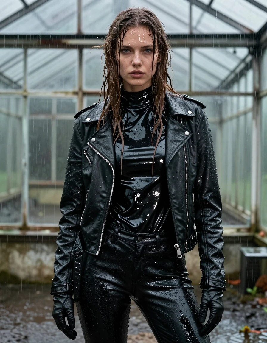 A photorealistic close-up portrait of a young adult European woman with long, dripping wet brown hair plastered against her face and shoulders. Her skin is glistening with a heavy water sheen, showcasing realistic wet texture. She is wearing an oversized black vinyl turtleneck shirt with a high-gloss, reflective surface, layered beneath a heavy black biker leather jacket that is saturated and dripping. She wears black leather gloves on both hands. Her legs are clad in black leather jeans, which are heavily soaked and drenched, featuring deep, dark patches, heavy wet folds, and intense specular highlights on the seams and creases. She is standing inside a dilapidated greenhouse during a torrential downpour, with water leaking through the glass panes and drenching her completely. The atmosphere is heavy with rain, dampness, and liquid reflections. The image is captured with sharp focus on the textures of the wet fabrics and skin, maintaining high-fidelity photographic detail. No nudity, fully clothed, modest attire.