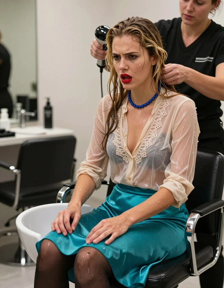 photo of young woman, in soaking wet, drenched clothes,
schwarze flache Ballerinas, hell türkiser Midi Skirt aus Seide, schwarze Nylonstrümpfe,, beige festliche transparente Seidenbluse mit Rüschen, Friseursalon, 
enjoying, wet clothes stuck to body,
detailed textures of the wet clothes, wet face, wet plastered hair,
wet, drenched, professional, high-quality details, full body view.
sharp focus, ultra-high pixel detail, realistic, high-quality, full colors, incredibly detailed, 4k, 8k, 16k, hyper-realistic, RAW photo, masterpiece, ultra-detailed, professionally color graded, professional photograph, Fotorealistische Aufnahme in Halbtotale, eine junge Studentin mit langen Blonden Haaren sitzt in einem Friseurstuhl und hat den Kopf in eine Haarwaschbecken gelegt, um den Hals trägt sie eine blaue Perlenkette, ihr Mund ist rot geschminkt, sie hat mittelgroße flache Brüste, hinter ihr steht ein junger Friseur und hält ihr die Brause auf ihre Bluse, die Bluse ist sofort völlig durchnässt, sie hat einen offenen Mund und macht einen sehr ärgerlichen Eindruck., wet skin, wet clothes, damp fabric