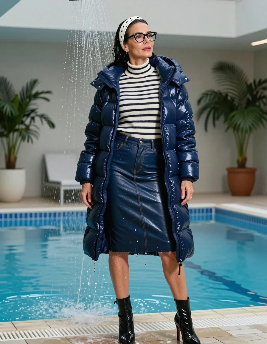 photo of young woman, in soaking wet, drenched clothes,
high-heeled boots, midi dark blue leather denim skirt, white & black striped high-neck sweater, maxi dark blue Shiny puffer down jacket, taking shower after bath in indoor swimming pool, enjoying wet clothes stuck body, enjoying, wet clothes stuck to body, 
enjoying, wet clothes stuck to body,
detailed textures of the wet clothes, wet face, wet plastered hair,
wet, drenched, professional, high-quality details, full body view.
sharp focus, ultra-high pixel detail, realistic, high-quality, full colors, incredibly detailed, 4k, 8k, 16k, hyper-realistic, RAW photo, masterpiece, ultra-detailed, professionally color graded, professional photograph, europen brunette skinny woman 50 years old, long dark black hair, white headband with black polka dots, office glasses, very big and thick lips, complete body, wet skin, wet clothes, damp fabric, wet skin, wet clothes, damp fabric, wet skin, wet clothes, damp fabric, wet skin, wet clothes, damp fabric, wet skin, wet clothes, damp fabric, wet skin, wet clothes, damp fabric, wet skin, wet clothes, damp fabric