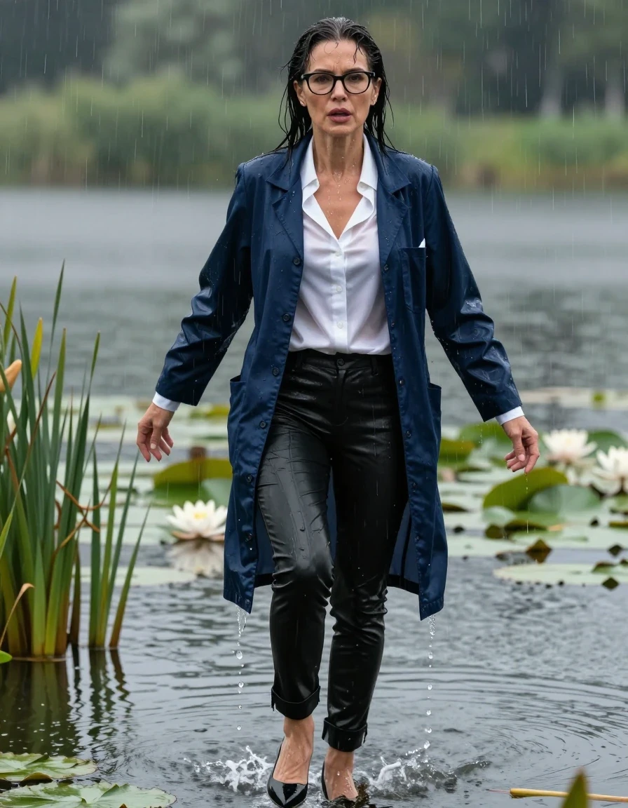 photo of young woman, in soaking wet, drenched clothes,
black shoes with high heels, long black leather trousers, white silk satin shirt, maxi dark blue labcoat, Emerging after diving in a lake with water lilies and reeds, rain,, enjoying wet clothes stuck body, enjoying, wet clothes stuck to body, 
enjoying, wet clothes stuck to body,
detailed textures of the wet clothes, wet face, wet plastered hair,
wet, drenched, professional, high-quality details, full body view.
sharp focus, ultra-high pixel detail, realistic, high-quality, full colors, incredibly detailed, 4k, 8k, 16k, hyper-realistic, RAW photo, masterpiece, ultra-detailed, professionally color graded, professional photograph, europen brunette skinny woman 50 years old, long dark black hair, office glasses, very big and thick lips, complete body, wet skin, wet clothes, damp fabric, wet skin, wet clothes, damp fabric, wet skin, wet clothes, damp fabric, wet skin, wet clothes, damp fabric, wet skin, wet clothes, damp fabric, wet skin, wet clothes, damp fabric, wet skin, wet clothes, damp fabric