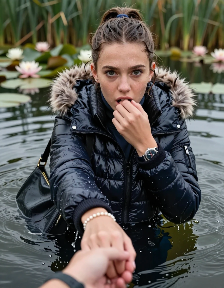 photo of young woman, in soaking wet, drenched clothes,
, , Moncler shiny puffer down jacket with fur, tight turtleneck sweater belly free, shoulderbag, pearl necklace, bracelet, wristwatch, Go back deep into the water after diving in a lake with water lilies and reeds, 
enjoying, wet clothes stuck to body,
detailed textures of the wet clothes, wet face, wet plastered hair,
wet, drenched, professional, high-quality details, full body view.
sharp focus, ultra-high pixel detail, realistic, high-quality, full colors, incredibly detailed, 4k, 8k, 16k, hyper-realistic, RAW photo, masterpiece, ultra-detailed, professionally color graded, professional photograph, Sleek ponytail 

15 years old  teenage girl

Looking up at camera, hold with a hand the other the viewer's hand, pulling them toward the center of the water. One hand on her mouth. Whole body and shoulders are submerged under the surface. Looking up at camera. horny eyes.

she is completely underwater up to her neck,  fearful and shocked expression. 

her submerged clothes are hardly vusible under water, she soaked her handbag into the water
she is completely underwater up to her neck, afraid and astonished expression. 

her clothing is soaking wet and clinging tightly to her skin, showing heavy wet folds, darkened fabric texture, and deep water-saturated Patches, her clothes are heavy from the water, water runs from her body and her clothes in streams. A lot of water also runs out of her clothes. Her clothes are darkened by the water. Her submerged clothes are good visible under the water.  she soaked her handbag into the water.

close up view, wet skin, wet clothes, wet hair, damp fabric, water runs down the clothes, wet skin, wet clothes, damp fabric. cinematic medium shot, hyper-realistic wetness, high-contrast water sheen, sharp focus, 16k resolution, professional photography, realistic water physics., wet skin, wet clothes, damp fabric, wet skin, wet clothes, damp fabric, wet skin, wet clothes, damp fabric