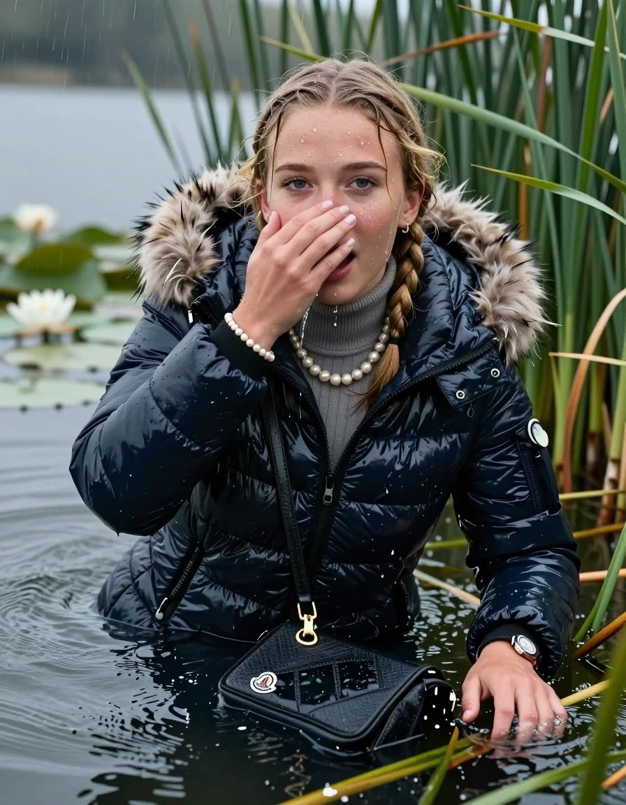 photo of young woman, in soaking wet, drenched clothes,
, , Moncler shiny puffer down coat with fur, tight turtleneck sweater with wide neckline belly free, handbag, pearl necklace, bracelet, wristwatch , Emerging after diving in a lake with water lilies and reeds, rain , 
enjoying, wet clothes stuck to body,
detailed textures of the wet clothes, wet face, wet plastered hair,
wet, drenched, professional, high-quality details, full body view.
sharp focus, ultra-high pixel detail, realistic, high-quality, full colors, incredibly detailed, 4k, 8k, 16k, hyper-realistic, RAW photo, masterpiece, ultra-detailed, professionally color graded, professional photograph, Blonde Pigtails

15 years old  teenage girl

Laying her breast on the surface.  Looking up at Camera . Hold her flat hand in front of her nose. Water running down her face and neck and clothes.

she is completely underwater up to her neck, afraid and astonished expression but she giggles anyway.

She hides in the reeds and is surprised by spectators

her submerged clothes are hardly visible under water, she soaked her handbag into the water

her clothing is soaking wet and clinging tightly to her skin, showing heavy wet folds, darkened fabric texture, and deep water-saturated Patches, her clothes are heavy from the water, water runs from her body and her clothes in streams. A lot of water also runs out of her clothes. Her clothes are darkened by the water. Her submerged clothes are good visible under the water.  she soaked her handbag into the water.

close up view, wet skin, wet clothes, wet hair, damp fabric, water runs down the clothes, wet skin, wet clothes, damp fabric. cinematic medium shot, hyper-realistic wetness, high-contrast water sheen, sharp focus, 16k resolution, professional photography, realistic water physics., wet skin, wet clothes, damp fabric, wet skin, wet clothes, damp fabric