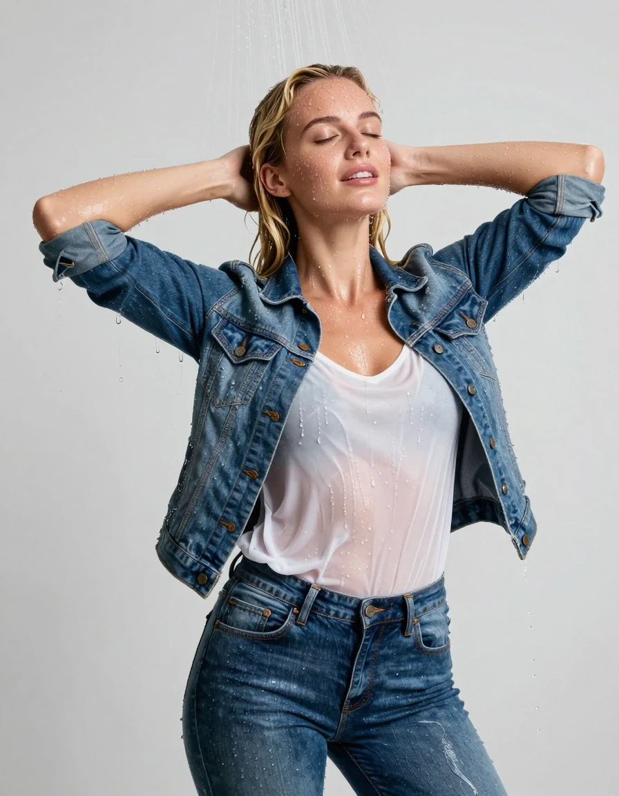 photo of young woman, in soaking wet, drenched clothes,
blue jeans, white blouse, jeans jacket, shower, 
enjoying, wet clothes stuck to body,
detailed textures of the wet clothes, wet face, wet plastered hair,
wet, drenched, professional, high-quality details, full body view.
sharp focus, ultra-high pixel detail, realistic, high-quality, full colors, incredibly detailed, 4k, 8k, 16k, hyper-realistic, RAW photo, masterpiece, ultra-detailed, professionally color graded, professional photograph, durchnässt, nasse haare, blond, ganzkörper, wet skin, wet clothes, damp fabric