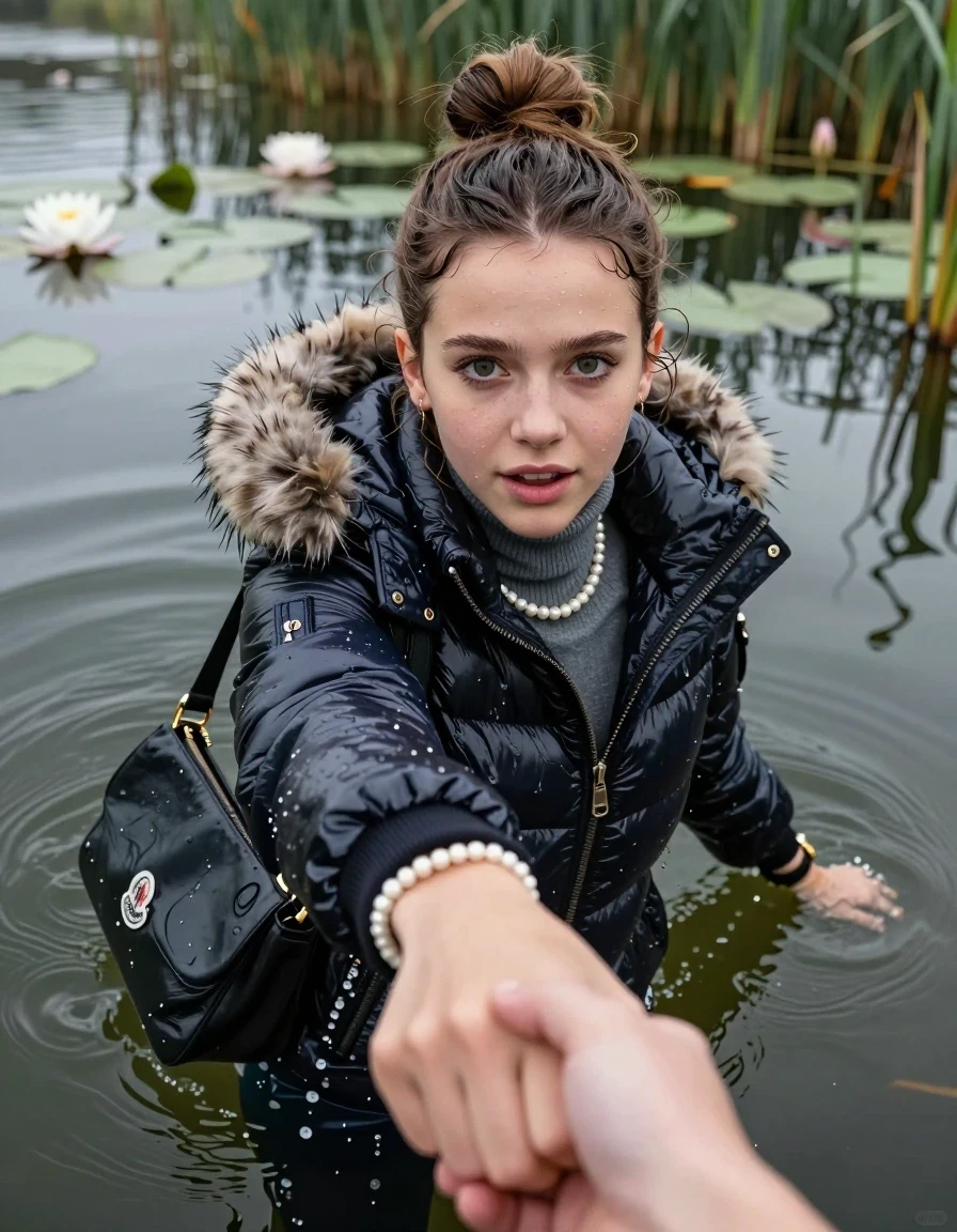 photo of young woman, in soaking wet, drenched clothes,
, , Moncler shiny puffer down jacket with fur, tight turtleneck sweater belly free, shoulderbag, pearl necklace, bracelet, wristwatch, Go back deep into the water after diving in a lake with water lilies and reeds, 
enjoying, wet clothes stuck to body,
detailed textures of the wet clothes, wet face, wet plastered hair,
wet, drenched, professional, high-quality details, full body view.
sharp focus, ultra-high pixel detail, realistic, high-quality, full colors, incredibly detailed, 4k, 8k, 16k, hyper-realistic, RAW photo, masterpiece, ultra-detailed, professionally color graded, professional photograph, Topknot

15 years old  teenage girl

Looking up at camera, open mouth, big eyes. hold with a hand the other the viewer's hand, pulling them toward the center of the water. One hand take a Selfie. Whole body and shoulders are submerged under the surface. Looking up at camera. horny eyes.

she is completely underwater up to her neck,  afraid and astonished expression. Slightly smile.

her submerged clothes are hardly vusible under water, she soaked her handbag into the water
she is completely underwater up to her neck, afraid and astonished expression. 

her clothing is soaking wet and clinging tightly to her skin, showing heavy wet folds, darkened fabric texture, and deep water-saturated Patches, her clothes are heavy from the water, water runs from her body and her clothes in streams. A lot of water also runs out of her clothes. Her clothes are darkened by the water. Her submerged clothes are good visible under the water.  she soaked her handbag into the water.

close up view, wet skin, wet clothes, wet hair, damp fabric, water runs down the clothes, wet skin, wet clothes, damp fabric. cinematic medium shot, hyper-realistic wetness, high-contrast water sheen, sharp focus, 16k resolution, professional photography, realistic water physics., wet skin, wet clothes, damp fabric, wet skin, wet clothes, damp fabric, wet skin, wet clothes, damp fabric