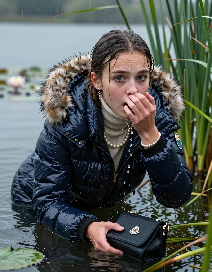 photo of young woman, in soaking wet, drenched clothes,
, , Moncler shiny puffer down coat with fur, tight turtleneck sweater with wide neckline belly free, handbag, pearl necklace, bracelet, wristwatch , Emerging after diving in a lake with water lilies and reeds, rain , 
enjoying, wet clothes stuck to body,
detailed textures of the wet clothes, wet face, wet plastered hair,
wet, drenched, professional, high-quality details, full body view.
sharp focus, ultra-high pixel detail, realistic, high-quality, full colors, incredibly detailed, 4k, 8k, 16k, hyper-realistic, RAW photo, masterpiece, ultra-detailed, professionally color graded, professional photograph, Pigtails

15 years old  teenage girl

Laying her breast on the surface.  Looking at Camera . Hold her hand over her nose. Open mouth, big eyes. Water running down her face and neck and clothes.

she is completely underwater up to her neck, afraid and astonished expression. 

She hides in the reeds and is surprised by spectators

her submerged clothes are hardly visible under water, she soaked her handbag into the water

her clothing is soaking wet and clinging tightly to her skin, showing heavy wet folds, darkened fabric texture, and deep water-saturated Patches, her clothes are heavy from the water, water runs from her body and her clothes in streams. A lot of water also runs out of her clothes. Her clothes are darkened by the water. Her submerged clothes are good visible under the water.  she soaked her handbag into the water.

close up view, wet skin, wet clothes, wet hair, damp fabric, water runs down the clothes, wet skin, wet clothes, damp fabric. cinematic medium shot, hyper-realistic wetness, high-contrast water sheen, sharp focus, 16k resolution, professional photography, realistic water physics., wet skin, wet clothes, damp fabric, wet skin, wet clothes, damp fabric