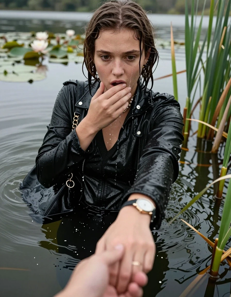 photo of young woman, in soaking wet, drenched clothes,
, black leatherleggings , Learherjacket, v-neck sweater, shoulderbag, pearl necklace, bracelet, wristwatch, Go back deep into the water after diving in a lake with water lilies and reeds, 
enjoying, wet clothes stuck to body,
detailed textures of the wet clothes, wet face, wet plastered hair,
wet, drenched, professional, high-quality details, full body view.
sharp focus, ultra-high pixel detail, realistic, high-quality, full colors, incredibly detailed, 4k, 8k, 16k, hyper-realistic, RAW photo, masterpiece, ultra-detailed, professionally color graded, professional photograph, Collarbone bob

15 years old  teenage girl

Looking down, open mouth, big eyes. hold with a hand the other the viewer's hand, pulling them toward the center of the water. One hand on her mouth. Whole body and shoulders are submerged under the surface. Looking up at camera. horny eyes.

she is completely underwater up to her neck,  afraid and astonished expression.

She hides in the reeds.

her submerged clothes are hardly vusible under water, she soaked her handbag into the water
she is completely underwater up to her neck, afraid and astonished expression. 

her clothing is soaking wet and clinging tightly to her skin, showing heavy wet folds, darkened fabric texture, and deep water-saturated Patches, her clothes are heavy from the water, water runs from her body and her clothes in streams. A lot of water also runs out of her clothes. Her clothes are darkened by the water. Her submerged clothes are good visible under the water.  she soaked her handbag into the water.

close up view, wet skin, wet clothes, wet hair, damp fabric, water runs down the clothes, wet skin, wet clothes, damp fabric. cinematic medium shot, hyper-realistic wetness, high-contrast water sheen, sharp focus, 16k resolution, professional photography, realistic water physics., wet skin, wet clothes, damp fabric, wet skin, wet clothes, damp fabric, wet skin, wet clothes, damp fabric