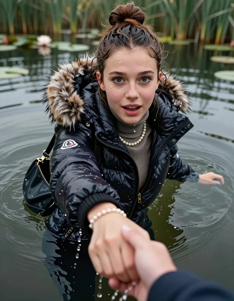 photo of young woman, in soaking wet, drenched clothes,
, , Moncler shiny puffer down jacket with fur, tight turtleneck sweater belly free, shoulderbag, pearl necklace, bracelet, wristwatch, Go back deep into the water after diving in a lake with water lilies and reeds, 
enjoying, wet clothes stuck to body,
detailed textures of the wet clothes, wet face, wet plastered hair,
wet, drenched, professional, high-quality details, full body view.
sharp focus, ultra-high pixel detail, realistic, high-quality, full colors, incredibly detailed, 4k, 8k, 16k, hyper-realistic, RAW photo, masterpiece, ultra-detailed, professionally color graded, professional photograph, Topknot

15 years old  teenage girl

Looking up at camera, open mouth, big eyes. hold with a hand the other the viewer's hand, pulling them toward the center of the water. One hand take a Selfie. Whole body and shoulders are submerged under the surface. Looking up at camera. horny eyes.

she is completely underwater up to her neck,  afraid and astonished expression. Slightly smile.

her submerged clothes are hardly vusible under water, she soaked her handbag into the water
she is completely underwater up to her neck, afraid and astonished expression. 

her clothing is soaking wet and clinging tightly to her skin, showing heavy wet folds, darkened fabric texture, and deep water-saturated Patches, her clothes are heavy from the water, water runs from her body and her clothes in streams. A lot of water also runs out of her clothes. Her clothes are darkened by the water. Her submerged clothes are good visible under the water.  she soaked her handbag into the water.

close up view, wet skin, wet clothes, wet hair, damp fabric, water runs down the clothes, wet skin, wet clothes, damp fabric. cinematic medium shot, hyper-realistic wetness, high-contrast water sheen, sharp focus, 16k resolution, professional photography, realistic water physics., wet skin, wet clothes, damp fabric, wet skin, wet clothes, damp fabric, wet skin, wet clothes, damp fabric