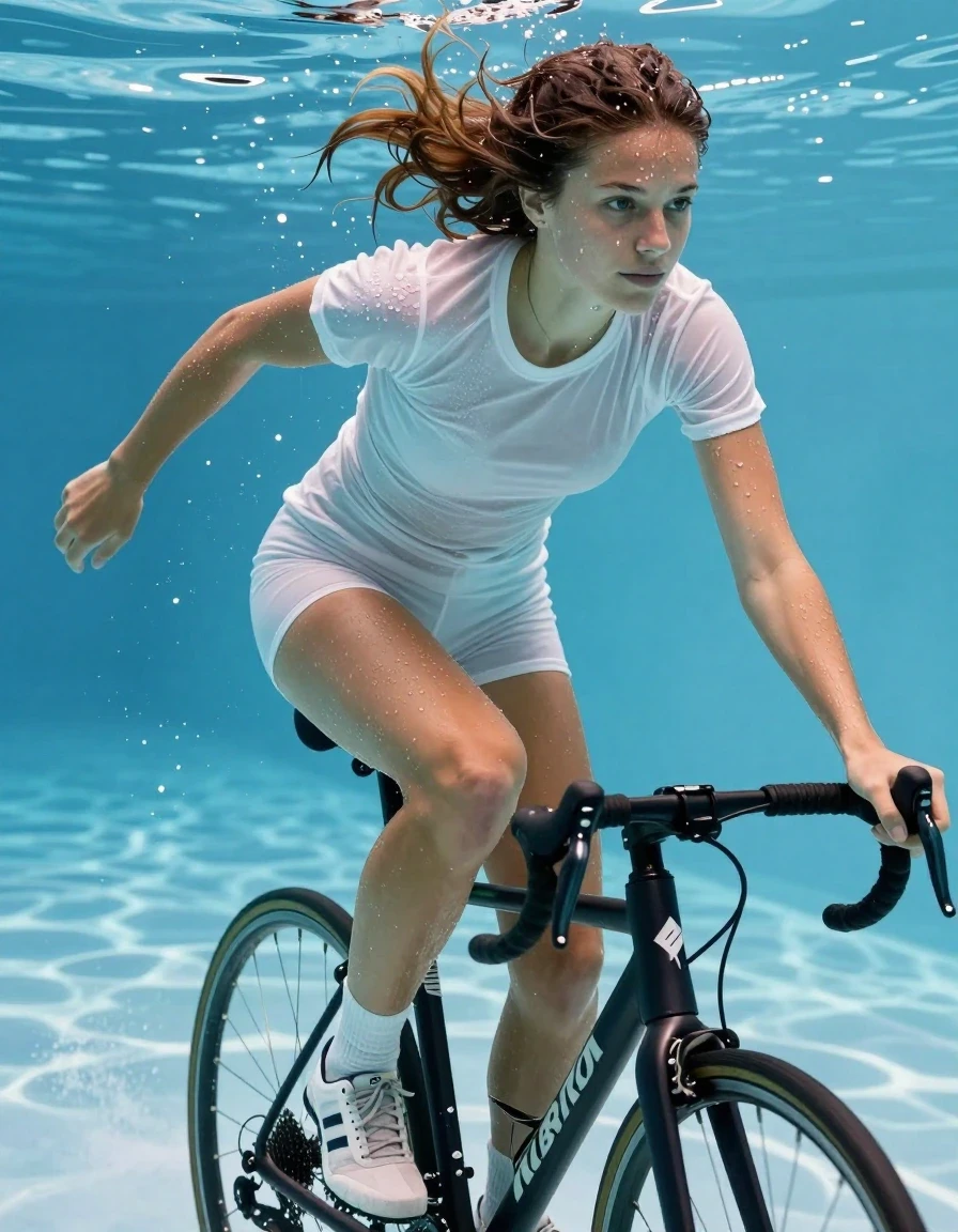 photo of young woman, in soaking wet, drenched clothes,
running sneakers, white low socks, shorts, white t shirt, pool, 
enjoying, wet clothes stuck to body,
detailed textures of the wet clothes, wet face, wet plastered hair,
wet, drenched, professional, high-quality details, full body view.
sharp focus, ultra-high pixel detail, realistic, high-quality, full colors, incredibly detailed, 4k, 8k, 16k, hyper-realistic, RAW photo, masterpiece, ultra-detailed, professionally color graded, professional photograph, riding bicycle underwater, wet skin, wet clothes, damp fabric