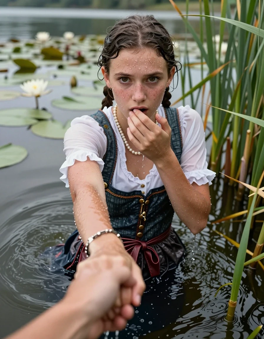 photo of young woman, in soaking wet, drenched clothes,
, , Short Dirndl, shoulderbag, pearl necklace, bracelet, wristwatch, Go back deep into the water after diving in a lake with water lilies and reeds, 
enjoying, wet clothes stuck to body,
detailed textures of the wet clothes, wet face, wet plastered hair,
wet, drenched, professional, high-quality details, full body view.
sharp focus, ultra-high pixel detail, realistic, high-quality, full colors, incredibly detailed, 4k, 8k, 16k, hyper-realistic, RAW photo, masterpiece, ultra-detailed, professionally color graded, professional photograph, Pigtails

15 years old  teenage girl

Looking down, open mouth, big eyes. hold with a hand the other the viewer's hand, pulling them toward the center of the water. One hand on her mouth. Whole body and shoulders are submerged under the surface. Looking up at camera. horny eyes.

she is completely underwater up to her neck,  afraid and astonished expression.

She hides in the reeds.

her submerged clothes are hardly vusible under water, she soaked her handbag into the water
she is completely underwater up to her neck, afraid and astonished expression. 

her clothing is soaking wet and clinging tightly to her skin, showing heavy wet folds, darkened fabric texture, and deep water-saturated Patches, her clothes are heavy from the water, water runs from her body and her clothes in streams. A lot of water also runs out of her clothes. Her clothes are darkened by the water. Her submerged clothes are good visible under the water.  she soaked her handbag into the water.

close up view, wet skin, wet clothes, wet hair, damp fabric, water runs down the clothes, wet skin, wet clothes, damp fabric. cinematic medium shot, hyper-realistic wetness, high-contrast water sheen, sharp focus, 16k resolution, professional photography, realistic water physics., wet skin, wet clothes, damp fabric, wet skin, wet clothes, damp fabric, wet skin, wet clothes, damp fabric