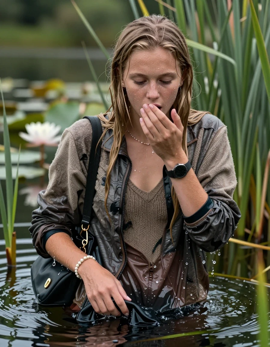 photo of young woman, in soaking wet, drenched clothes,
, , Fleece jacket, Knit v-neck slipover belly free, shoulderbag, pearl necklace, bracelet, wristwatch, Go back in the water after diving in a lake with water lilies and reeds, 
enjoying, wet clothes stuck to body,
detailed textures of the wet clothes, wet face, wet plastered hair,
wet, drenched, professional, high-quality details, full body view.
sharp focus, ultra-high pixel detail, realistic, high-quality, full colors, incredibly detailed, 4k, 8k, 16k, hyper-realistic, RAW photo, masterpiece, ultra-detailed, professionally color graded, professional photograph, Slim  Blonde sleek Long straight hair

15 years old  teenage girl

Looking down, open mouth, horny eyes. Cover her mouth with her hand. Whole body and shoulders are submerged under the surface.

she is completely underwater up to her neck,  shocked expression.

She hides in the reeds.

her submerged clothes are hardly vusible under water, she soaked her handbag into the water

her clothing is soaking wet and clinging tightly to her skin, showing heavy wet folds, darkened fabric texture, and deep water-saturated Patches, her clothes are heavy from the water, water runs from her body and her clothes in streams. A lot of water also runs out of her clothes. Her clothes are darkened by the water. Her submerged clothes are good visible under the water.  she soaked her handbag into the water.

close up view, wet skin, wet clothes, wet hair, damp fabric, water runs down the clothes, wet skin, wet clothes, damp fabric. cinematic medium shot, hyper-realistic wetness, high-contrast water sheen, sharp focus, 16k resolution, professional photography, realistic water physics., wet skin, wet clothes, damp fabric, wet skin, wet clothes, damp fabric, wet skin, wet clothes, damp fabric, wet skin, wet clothes, damp fabric