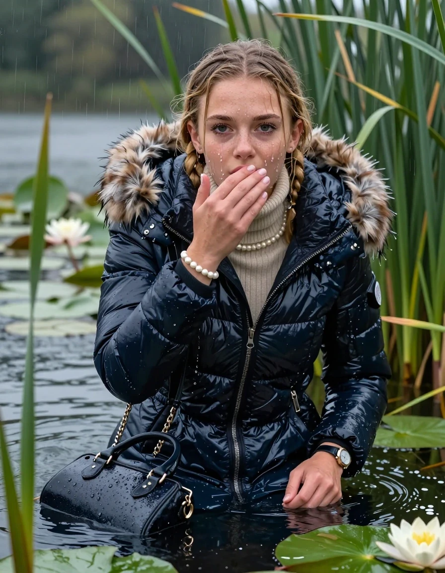 photo of young woman, in soaking wet, drenched clothes,
, , Moncler shiny puffer down coat with fur, tight turtleneck sweater with wide neckline belly free, handbag, pearl necklace, bracelet, wristwatch , Emerging after diving in a lake with water lilies and reeds, rain , 
enjoying, wet clothes stuck to body,
detailed textures of the wet clothes, wet face, wet plastered hair,
wet, drenched, professional, high-quality details, full body view.
sharp focus, ultra-high pixel detail, realistic, high-quality, full colors, incredibly detailed, 4k, 8k, 16k, hyper-realistic, RAW photo, masterpiece, ultra-detailed, professionally color graded, professional photograph, Blonde Pigtails

15 years old  teenage girl

Laying her breast on the surface.  Looking up at Camera . Hold her flat hand in front of her mouth. Water running down her face and neck and clothes.

she is completely underwater up to her neck, afraid sceptical and astonished expression but she giggles anyway.

She hides in the reeds and is surprised by spectators

her submerged clothes are hardly visible under water, she soaked her handbag into the water

her clothing is soaking wet and clinging tightly to her skin, showing heavy wet folds, darkened fabric texture, and deep water-saturated Patches, her clothes are heavy from the water, water runs from her body and her clothes in streams. A lot of water also runs out of her clothes. Her clothes are darkened by the water. Her submerged clothes are good visible under the water.  she soaked her handbag into the water.

close up view, wet skin, wet clothes, wet hair, damp fabric, water runs down the clothes, wet skin, wet clothes, damp fabric. cinematic medium shot, hyper-realistic wetness, high-contrast water sheen, sharp focus, 16k resolution, professional photography, realistic water physics., wet skin, wet clothes, damp fabric, wet skin, wet clothes, damp fabric