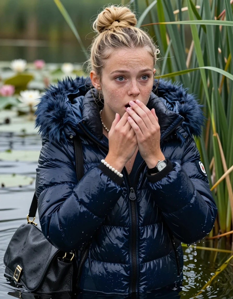 photo of young woman, in soaking wet, drenched clothes,
, , Blue Moncler shiny puffer down coat with fur, v-neck sweater, shoulderbag, pearl necklace, bracelet, wristwatch, Go back in the water after diving in a lake with water lilies and reeds, 
enjoying, wet clothes stuck to body,
detailed textures of the wet clothes, wet face, wet plastered hair,
wet, drenched, professional, high-quality details, full body view.
sharp focus, ultra-high pixel detail, realistic, high-quality, full colors, incredibly detailed, 4k, 8k, 16k, hyper-realistic, RAW photo, masterpiece, ultra-detailed, professionally color graded, professional photograph, Blonde Topknot

15 years old  teenage girl

Looking slightly away, open mouth, big eyes. hands on her mouth. Whole body and shoulders are submerged under the surface. Looking up at camera. horny eyes.

she is completely underwater up to her neck,  sad but enjoying expression.

She hides in the reeds.

her submerged clothes are hardly vusible under water, she soaked her handbag into the water
she is completely underwater up to her neck, afraid and astonished expression. 

her clothing is soaking wet and clinging tightly to her skin, showing heavy wet folds, darkened fabric texture, and deep water-saturated Patches, her clothes are heavy from the water, water runs from her body and her clothes in streams. A lot of water also runs out of her clothes. Her clothes are darkened by the water. Her submerged clothes are good visible under the water.  she soaked her handbag into the water.

close up view, wet skin, wet clothes, wet hair, damp fabric, water runs down the clothes, wet skin, wet clothes, damp fabric. cinematic medium shot, hyper-realistic wetness, high-contrast water sheen, sharp focus, 16k resolution, professional photography, realistic water physics., wet skin, wet clothes, damp fabric, wet skin, wet clothes, damp fabric, wet skin, wet clothes, damp fabric