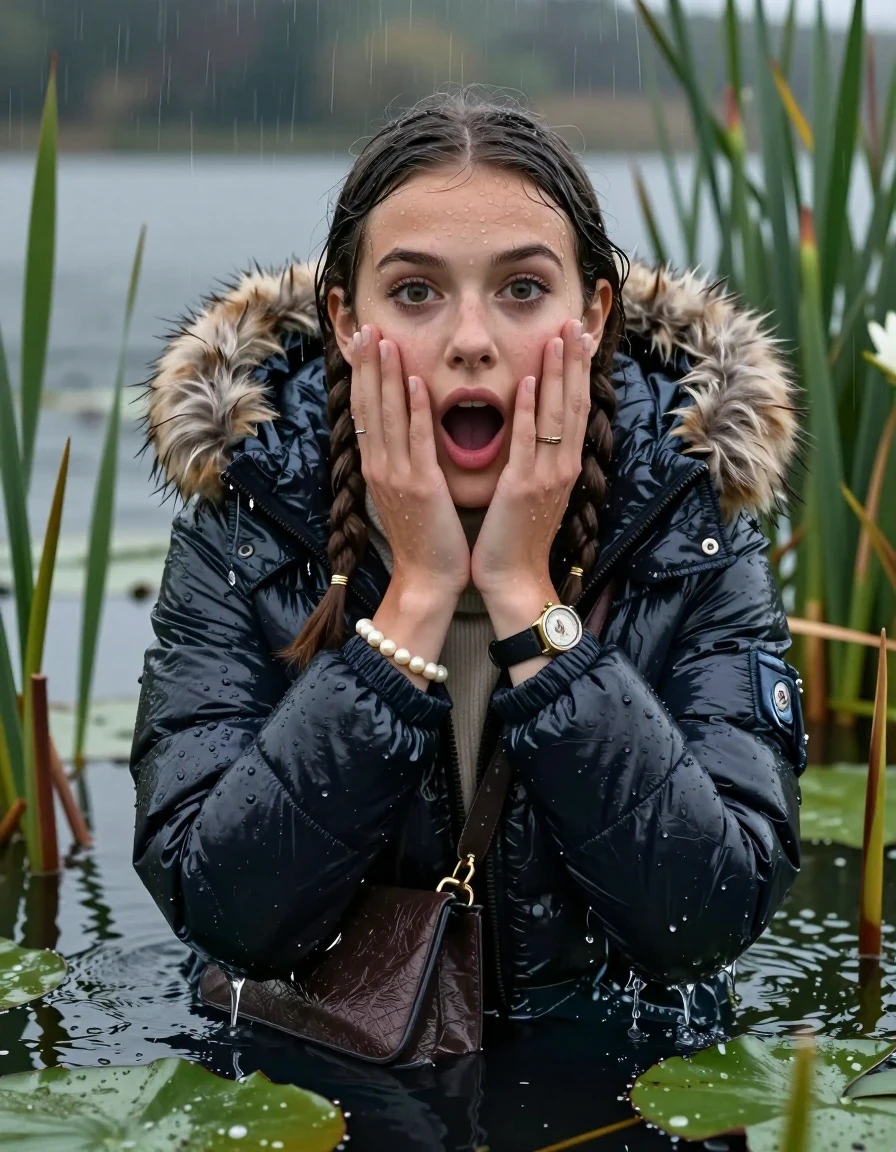 photo of young woman, in soaking wet, drenched clothes,
, , Moncler shiny puffer down jacket with fur, tight turtleneck sweater with wide neckline belly free, handbag, pearl necklace, bracelet, wristwatch , Emerging after diving in a lake with water lilies and reeds, rain , 
enjoying, wet clothes stuck to body,
detailed textures of the wet clothes, wet face, wet plastered hair,
wet, drenched, professional, high-quality details, full body view.
sharp focus, ultra-high pixel detail, realistic, high-quality, full colors, incredibly detailed, 4k, 8k, 16k, hyper-realistic, RAW photo, masterpiece, ultra-detailed, professionally color graded, professional photograph, Pigtails

15 years old  teenage girl

Laying her breast on the surface.  Looking at Camera . Hold her hands on her mouth.Open mouth, big eyes. Water running down her face and neck and clothes.

she is completely underwater up to her neck, afraid and astonished expression. 

She hides in the reeds and is surprised by spectators

her submerged clothes are hardly visible under water, she soaked her handbag into the water

her clothing is soaking wet and clinging tightly to her skin, showing heavy wet folds, darkened fabric texture, and deep water-saturated Patches, her clothes are heavy from the water, water runs from her body and her clothes in streams. A lot of water also runs out of her clothes. Her clothes are darkened by the water. Her submerged clothes are good visible under the water.  she soaked her handbag into the water.

close up view, wet skin, wet clothes, wet hair, damp fabric, water runs down the clothes, wet skin, wet clothes, damp fabric. cinematic medium shot, hyper-realistic wetness, high-contrast water sheen, sharp focus, 16k resolution, professional photography, realistic water physics., wet skin, wet clothes, damp fabric, wet skin, wet clothes, damp fabric
