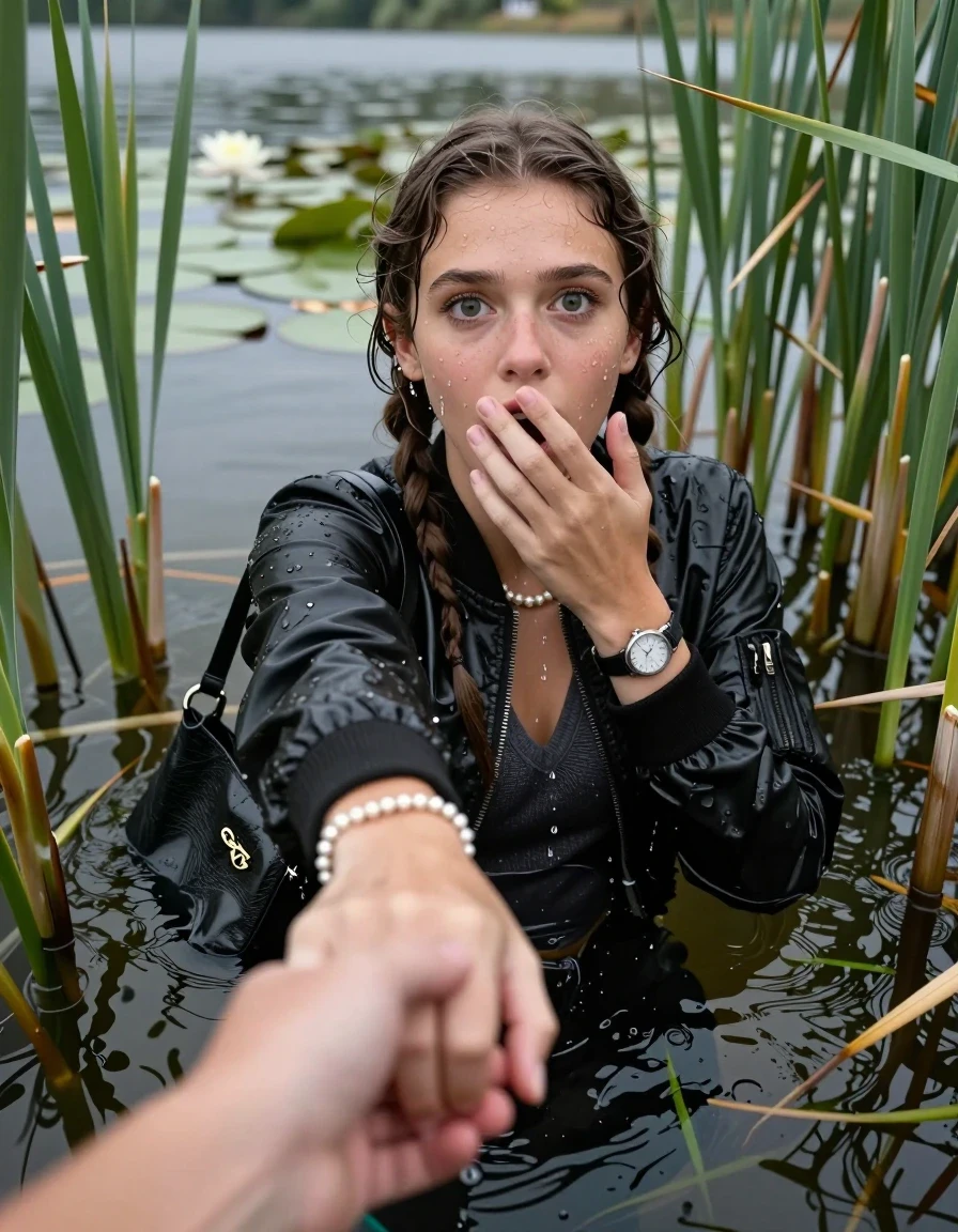photo of young woman, in soaking wet, drenched clothes,
, black leatherleggings , Bomber jacket, v-neck sweater, shoulderbag, pearl necklace, bracelet, wristwatch, Go back deep into the water after diving in a lake with water lilies and reeds, 
enjoying, wet clothes stuck to body,
detailed textures of the wet clothes, wet face, wet plastered hair,
wet, drenched, professional, high-quality details, full body view.
sharp focus, ultra-high pixel detail, realistic, high-quality, full colors, incredibly detailed, 4k, 8k, 16k, hyper-realistic, RAW photo, masterpiece, ultra-detailed, professionally color graded, professional photograph, Pigtails

15 years old  teenage girl

Looking up, head in the neck, open mouth, big eyes. hold with a hand the other the viewer's hand, pulling them toward the center of the water. One hand on her mouth. Whole body and shoulders are submerged under the surface. Looking up at camera. horny eyes.

she is completely underwater up to her neck,  afraid and astonished expression.

She hides in the reeds.

her submerged clothes are hardly vusible under water, she soaked her handbag into the water
she is completely underwater up to her neck, afraid and astonished expression. 

her clothing is soaking wet and clinging tightly to her skin, showing heavy wet folds, darkened fabric texture, and deep water-saturated Patches, her clothes are heavy from the water, water runs from her body and her clothes in streams. A lot of water also runs out of her clothes. Her clothes are darkened by the water. Her submerged clothes are good visible under the water.  she soaked her handbag into the water.

close up view, wet skin, wet clothes, wet hair, damp fabric, water runs down the clothes, wet skin, wet clothes, damp fabric. cinematic medium shot, hyper-realistic wetness, high-contrast water sheen, sharp focus, 16k resolution, professional photography, realistic water physics., wet skin, wet clothes, damp fabric, wet skin, wet clothes, damp fabric, wet skin, wet clothes, damp fabric