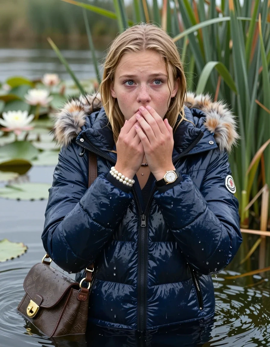 photo of young woman, in soaking wet, drenched clothes,
, , Blue Moncler shiny puffer down coat with fur, v-neck sweater, shoulderbag, pearl necklace, bracelet, wristwatch, Go back in the water after diving in a lake with water lilies and reeds, 
enjoying, wet clothes stuck to body,
detailed textures of the wet clothes, wet face, wet plastered hair,
wet, drenched, professional, high-quality details, full body view.
sharp focus, ultra-high pixel detail, realistic, high-quality, full colors, incredibly detailed, 4k, 8k, 16k, hyper-realistic, RAW photo, masterpiece, ultra-detailed, professionally color graded, professional photograph, Blonde sleek Long straight hair

15 years old  teenage girl

Looking slightly away, open mouth, big eyes. hands on her mouth. Whole body and shoulders are submerged under the surface. Looking up at camera. horny eyes.

she is completely underwater up to her neck,  sad but enjoying expression.

She hides in the reeds.

her submerged clothes are hardly vusible under water, she soaked her handbag into the water
she is completely underwater up to her neck, afraid and astonished expression. 

her clothing is soaking wet and clinging tightly to her skin, showing heavy wet folds, darkened fabric texture, and deep water-saturated Patches, her clothes are heavy from the water, water runs from her body and her clothes in streams. A lot of water also runs out of her clothes. Her clothes are darkened by the water. Her submerged clothes are good visible under the water.  she soaked her handbag into the water.

close up view, wet skin, wet clothes, wet hair, damp fabric, water runs down the clothes, wet skin, wet clothes, damp fabric. cinematic medium shot, hyper-realistic wetness, high-contrast water sheen, sharp focus, 16k resolution, professional photography, realistic water physics., wet skin, wet clothes, damp fabric, wet skin, wet clothes, damp fabric, wet skin, wet clothes, damp fabric
