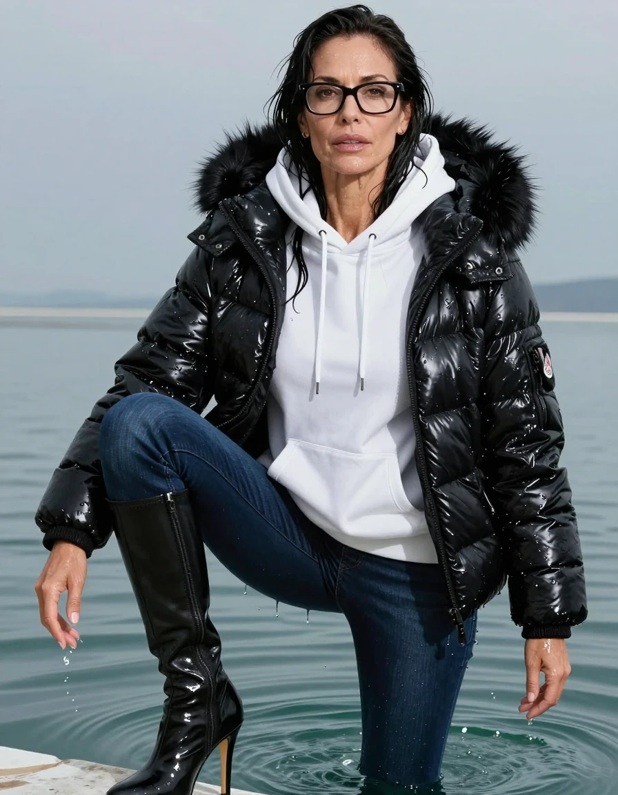 photo of young woman, in soaking wet, drenched clothes,
high-heeled boots, long dark blue leather jeans, white hoodie, maxi black Moncler Shiny puffer down jacket with fur, swimming under water, enjoying wet clothes stuck body, enjoying, wet clothes stuck to body, 
enjoying, wet clothes stuck to body,
detailed textures of the wet clothes, wet face, wet plastered hair,
wet, drenched, professional, high-quality details, full body view.
sharp focus, ultra-high pixel detail, realistic, high-quality, full colors, incredibly detailed, 4k, 8k, 16k, hyper-realistic, RAW photo, masterpiece, ultra-detailed, professionally color graded, professional photograph, europen brunette skinny woman 50 years old, long dark black hair, office glasses, very big and thick lips, complete body, wet skin, wet clothes, damp fabric, wet skin, wet clothes, damp fabric, wet skin, wet clothes, damp fabric, wet skin, wet clothes, damp fabric, wet skin, wet clothes, damp fabric, wet skin, wet clothes, damp fabric, wet skin, wet clothes, damp fabric