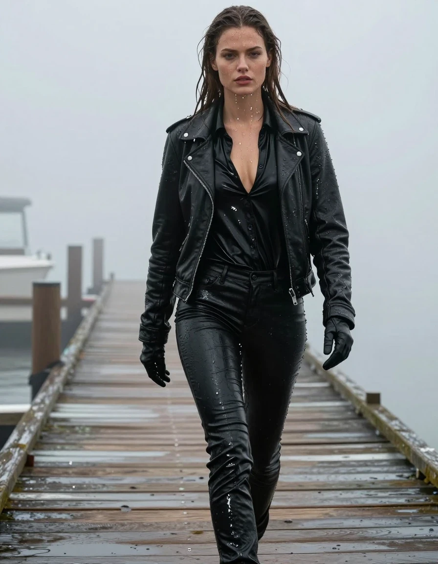A stunning, photorealistic full-body shot of a young adult European woman with long, dripping wet brown hair, walking along a wooden pier at the docks during a heavy, atmospheric mist. She is wearing a soaking-wet black leather jacket over an oversize black vinyl polar neck shirt, and black leather gloves. Her black leather jeans are saturated with water, clinging to her legs with heavy wet folds, deep creases, and intense glossy specular highlights reflecting the ambient light. Her skin is visibly drenched, with water sheen and rivulets running down her face and neck. The fabric of her garments is darkened and heavy with moisture, showing realistic textures and clinging silhouettes. The scene is captured with professional cinematic lighting, emphasizing the damp environment, mist-filled air, and sharp details of the wet textures. No nudity, clean and modest presentation, high-contrast photographic style, 8k resolution, hyper-detailed wet surfaces.
