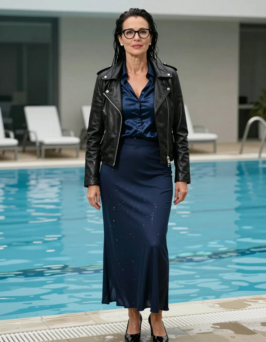 photo of young woman, in soaking wet, drenched clothes,
black shoes, maxi dark blue skirt , dark blue silk satin shirt with long sleeves, black leather byker jacket, after swim in pool, enjoying wet clothes stuck body, enjoying, wet clothes stuck to body, 
enjoying, wet clothes stuck to body,
detailed textures of the wet clothes, wet face, wet plastered hair,
wet, drenched, professional, high-quality details, full body view.
sharp focus, ultra-high pixel detail, realistic, high-quality, full colors, incredibly detailed, 4k, 8k, 16k, hyper-realistic, RAW photo, masterpiece, ultra-detailed, professionally color graded, professional photograph, europen brunette skinny woman 50 years old, long dark black hair, office glasses, very big and thick lips, complete body, wet skin, wet clothes, damp fabric, wet skin, wet clothes, damp fabric, wet skin, wet clothes, damp fabric, wet skin, wet clothes, damp fabric, wet skin, wet clothes, damp fabric, wet skin, wet clothes, damp fabric, wet skin, wet clothes, damp fabric