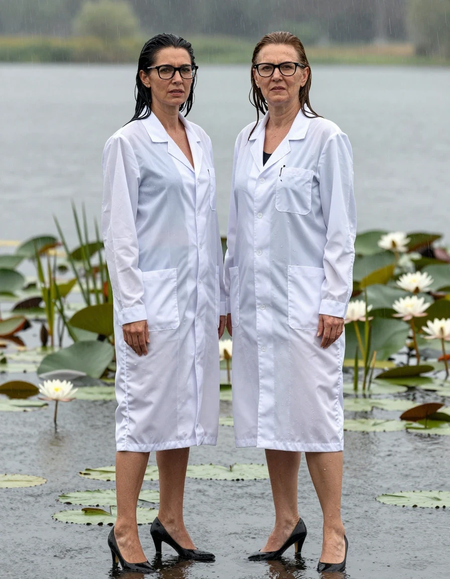 photo of young woman, in soaking wet, drenched clothes,
black shoes with high heels, maxi white labcoat, maxi white labcoat, submerged diving in a lake with water lilies and reeds, rain,, enjoying wet clothes stuck body, enjoying, wet clothes stuck to body, 
enjoying, wet clothes stuck to body,
detailed textures of the wet clothes, wet face, wet plastered hair,
wet, drenched, professional, high-quality details, full body view.
sharp focus, ultra-high pixel detail, realistic, high-quality, full colors, incredibly detailed, 4k, 8k, 16k, hyper-realistic, RAW photo, masterpiece, ultra-detailed, professionally color graded, professional photograph, two europen brunette skinny women 50 years old, long dark black hair, office glasses, very big and thick lips, complete body, wet skin, wet clothes, damp fabric, wet skin, wet clothes, damp fabric, wet skin, wet clothes, damp fabric, wet skin, wet clothes, damp fabric, wet skin, wet clothes, damp fabric, wet skin, wet clothes, damp fabric, wet skin, wet clothes, damp fabric