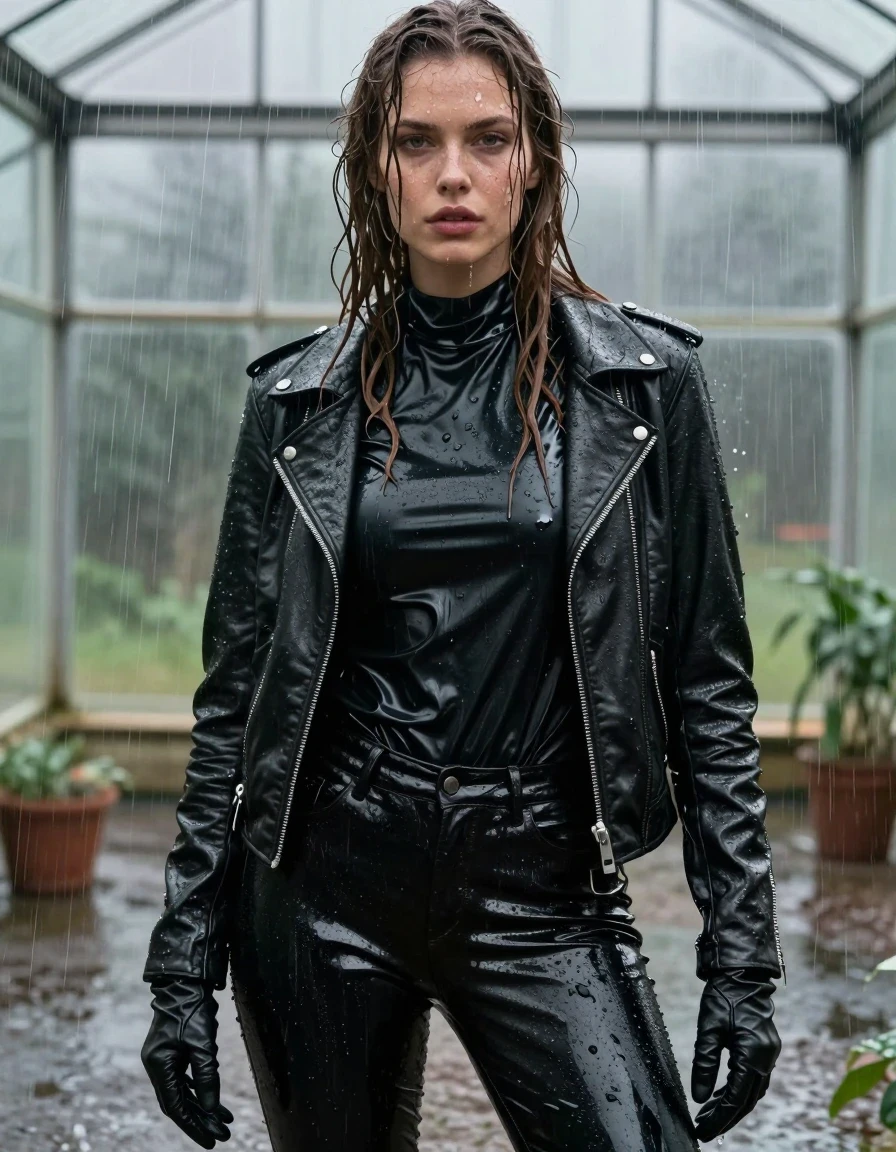 A photorealistic close-up portrait of a young adult European woman with long, dripping wet brown hair plastered against her face and shoulders. Her skin is glistening with a heavy water sheen, showcasing realistic wet texture. She is wearing an oversize black vinyl polar neck shirt, a heavy black biker leather jacket, and black leather gloves on both hands. She is dressed in black leather jeans that cling to her legs, with visible water-saturated folds, a glossy specular reflection on the smooth leather surface, and dark patches where the material is heavily drenched. She is standing in a leaking greenhouse during a torrential downpour, with water cascading down around her. The clothing is visibly soaked, heavy, and clinging, with damp fabric textures and water streaks throughout. The lighting emphasizes the high-gloss wetness of the vinyl, leather, and skin. Extremely detailed, cinematic lighting, 8k resolution, realistic rain environment, fully clothed, no nudity.