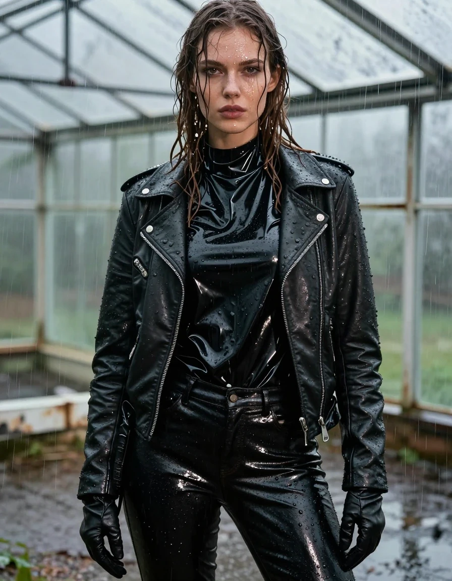 A photorealistic close-up portrait of a young adult European woman with long, dripping wet brown hair plastered against her face, featuring highly detailed wet skin with a shimmering water sheen. She is wearing an oversized black vinyl polar neck shirt, a heavy black biker leather jacket, and sleek black leather gloves. Her legs are clad in black leather jeans, rendered with heavy wet folds, deep glossy specular reflections, and a high-sheen liquid texture. The subject is standing inside a dilapidated, leaking greenhouse during a torrential downpour, with heavy rain streaming down around her. The clothing is visibly drenched, showing damp fabric textures, clinging material, and dark, water-saturated patches. The lighting is moody and atmospheric, highlighting the glistening moisture on her skin and the reflective surfaces of the vinyl and leather. The image emphasizes high-contrast textures, realistic water physics, and sharp photographic detail. No nudity, clean anatomy, fully clothed subject.