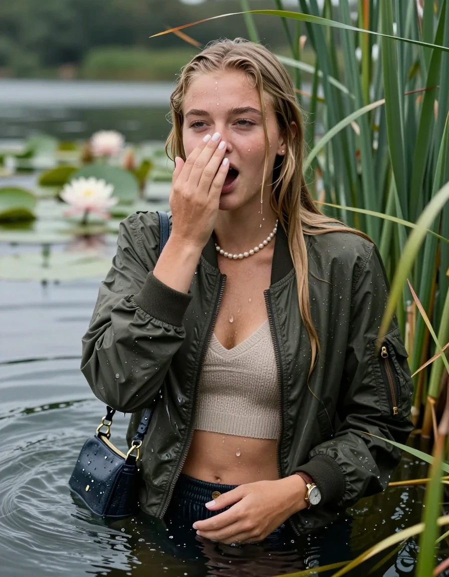 photo of young woman, in soaking wet, drenched clothes,
, , Bomber jacket, Knit v-neck slipover belly free, shoulderbag, pearl necklace, bracelet, wristwatch, Go back in the water after diving in a lake with water lilies and reeds, 
enjoying, wet clothes stuck to body,
detailed textures of the wet clothes, wet face, wet plastered hair,
wet, drenched, professional, high-quality details, full body view.
sharp focus, ultra-high pixel detail, realistic, high-quality, full colors, incredibly detailed, 4k, 8k, 16k, hyper-realistic, RAW photo, masterpiece, ultra-detailed, professionally color graded, professional photograph, Slim  Blonde sleek Long straight hair

15 years old  teenage girl

Looking at camera, open mouth, closed eyes. Cover her nose with her hand. Whole body and shoulders are submerged under the surface.

she is completely underwater up to her neck,  horny and shocked expression.

She hides in the reeds.

her submerged clothes are hardly vusible under water, she soaked her handbag into the water

her clothing is soaking wet and clinging tightly to her skin, showing heavy wet folds, darkened fabric texture, and deep water-saturated Patches, her clothes are heavy from the water, water runs from her body and her clothes in streams. A lot of water also runs out of her clothes. Her clothes are darkened by the water. Her submerged clothes are good visible under the water.  she soaked her handbag into the water.

close up view, wet skin, wet clothes, wet hair, damp fabric, water runs down the clothes, wet skin, wet clothes, damp fabric. cinematic medium shot, hyper-realistic wetness, high-contrast water sheen, sharp focus, 16k resolution, professional photography, realistic water physics., wet skin, wet clothes, damp fabric, wet skin, wet clothes, damp fabric, wet skin, wet clothes, damp fabric, wet skin, wet clothes, damp fabric