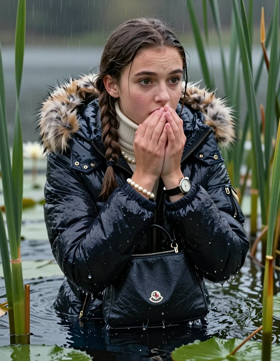 photo of young woman, in soaking wet, drenched clothes,
, , Moncler shiny puffer down jacket with fur, tight turtleneck sweater with wide neckline belly free, handbag, pearl necklace, bracelet, wristwatch , Emerging after diving in a lake with water lilies and reeds, rain , 
enjoying, wet clothes stuck to body,
detailed textures of the wet clothes, wet face, wet plastered hair,
wet, drenched, professional, high-quality details, full body view.
sharp focus, ultra-high pixel detail, realistic, high-quality, full colors, incredibly detailed, 4k, 8k, 16k, hyper-realistic, RAW photo, masterpiece, ultra-detailed, professionally color graded, professional photograph, Pigtails

15 years old  teenage girl

Laying her breast on the surface.  Looking slightly away. Hold her hands on her mouth.Open mouth, big eyes.

she is completely underwater up to her neck, afraid and astonished expression. 

She hides in the reeds and is surprised by spectators

her submerged clothes are hardly visible under water, she soaked her handbag into the water

her clothing is soaking wet and clinging tightly to her skin, showing heavy wet folds, darkened fabric texture, and deep water-saturated Patches, her clothes are heavy from the water, water runs from her body and her clothes in streams. A lot of water also runs out of her clothes. Her clothes are darkened by the water. Her submerged clothes are good visible under the water.  she soaked her handbag into the water.

close up view, wet skin, wet clothes, wet hair, damp fabric, water runs down the clothes, wet skin, wet clothes, damp fabric. cinematic medium shot, hyper-realistic wetness, high-contrast water sheen, sharp focus, 16k resolution, professional photography, realistic water physics., wet skin, wet clothes, damp fabric, wet skin, wet clothes, damp fabric