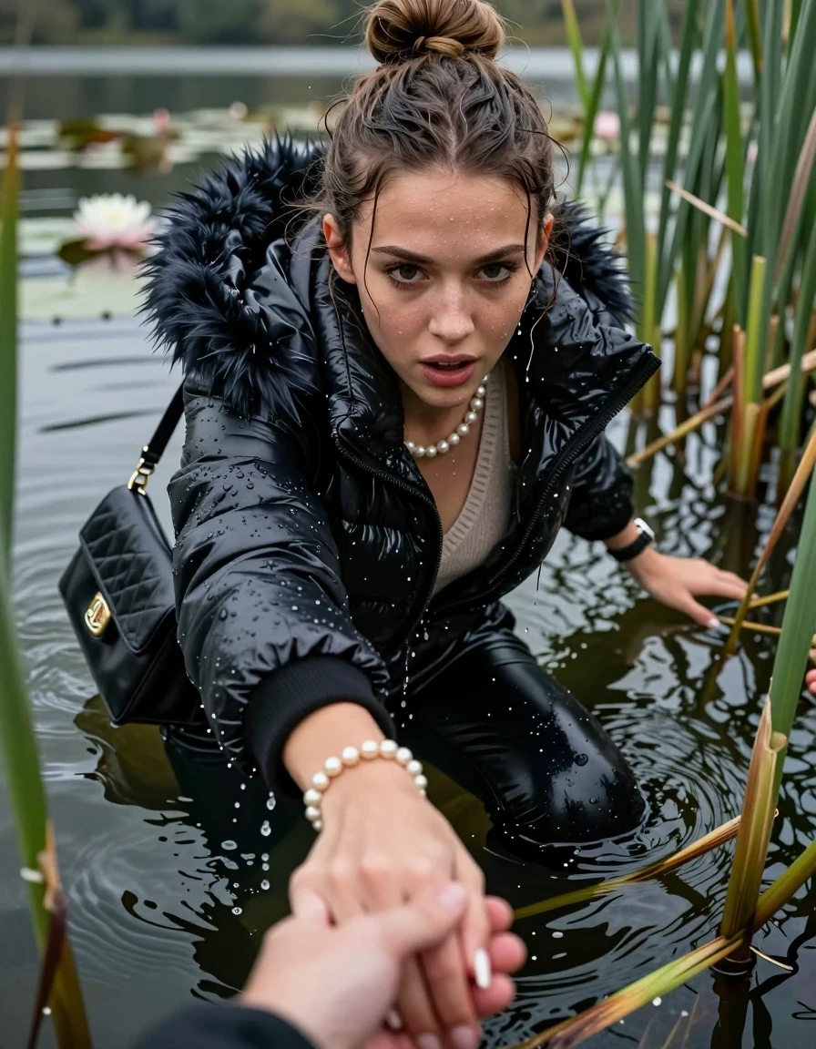 photo of young woman, in soaking wet, drenched clothes,
, black leatherleggings , Moncler shiny puffer down coat with fur, v-neck sweater, shoulderbag, pearl necklace, bracelet, wristwatch, Go back in the water after diving in a lake with water lilies and reeds, 
enjoying, wet clothes stuck to body,
detailed textures of the wet clothes, wet face, wet plastered hair,
wet, drenched, professional, high-quality details, full body view.
sharp focus, ultra-high pixel detail, realistic, high-quality, full colors, incredibly detailed, 4k, 8k, 16k, hyper-realistic, RAW photo, masterpiece, ultra-detailed, professionally color graded, professional photograph, Topknot

15 years old  teenage girl

Looking down, head in the neck, open mouth, big eyes. hold with a hand the viewer's hand, pulling them toward the center of the water.  Whole body and shoulders are submerged under the surface. Looking up at camera. horny eyes.

she is completely underwater up to her neck,  afraid and sexuell astonished expression.

She hides in the reeds.

her submerged clothes are hardly vusible under water, she soaked her handbag into the water
she is completely underwater up to her neck, afraid and astonished expression. 

her clothing is soaking wet and clinging tightly to her skin, showing heavy wet folds, darkened fabric texture, and deep water-saturated Patches, her clothes are heavy from the water, water runs from her body and her clothes in streams. A lot of water also runs out of her clothes. Her clothes are darkened by the water. Her submerged clothes are good visible under the water.  she soaked her handbag into the water.

close up view, wet skin, wet clothes, wet hair, damp fabric, water runs down the clothes, wet skin, wet clothes, damp fabric. cinematic medium shot, hyper-realistic wetness, high-contrast water sheen, sharp focus, 16k resolution, professional photography, realistic water physics., wet skin, wet clothes, damp fabric, wet skin, wet clothes, damp fabric