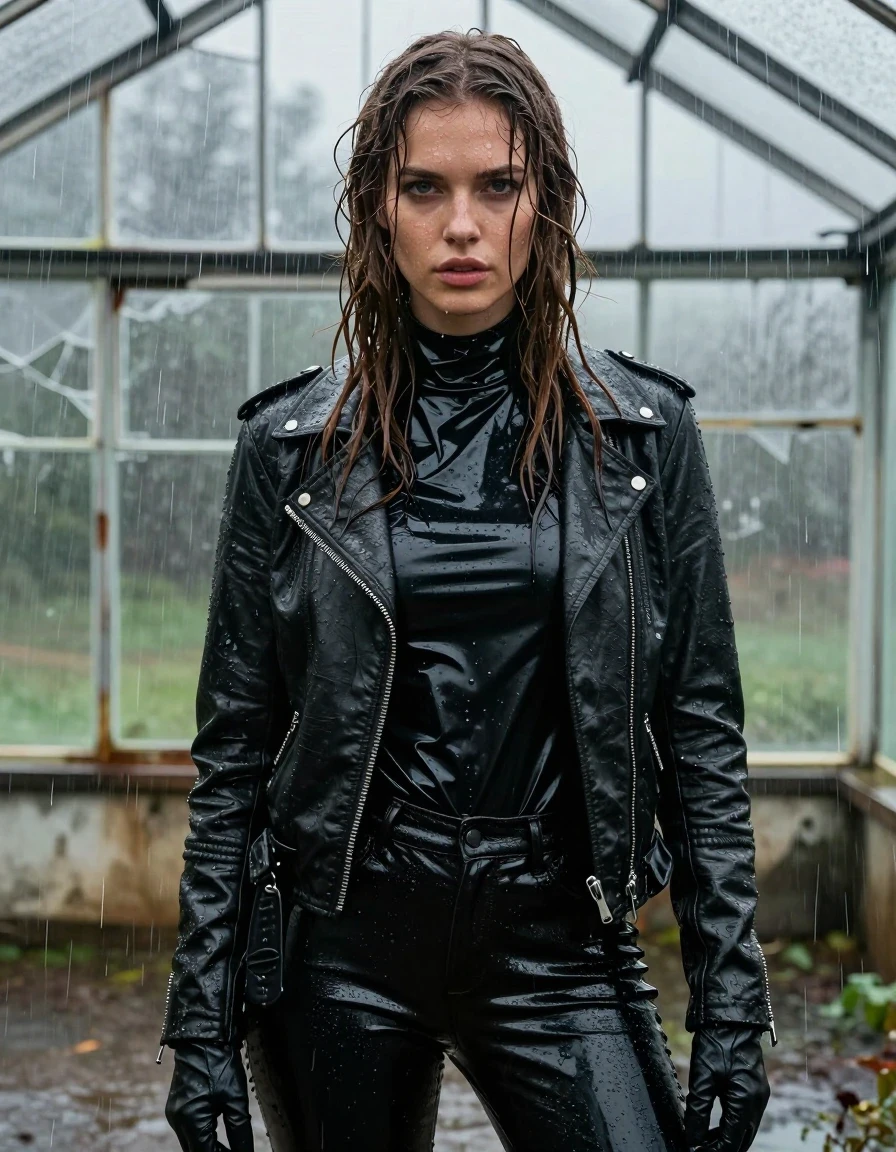 A photorealistic close-up portrait of a young adult European woman with long, dripping wet brown hair plastered against her face and shoulders. Her skin is glistening with a heavy water sheen, showcasing realistic wet texture. She is wearing an oversized black vinyl turtleneck shirt with a high-gloss, reflective finish, layered beneath a heavy black biker leather jacket that is saturated and darkened by the downpour. She wears black leather gloves on both hands and black leather jeans that cling to her legs with visible weight and dark, water-soaked creases. She is standing inside a dilapidated, leaking greenhouse during a torrential rainstorm; water is pouring through broken panes, drenching her completely. The fabric of her clothes is heavily damp, clinging to her form, with water streaming off the leather surfaces. Cinematic lighting highlights the glistening wet skin, the specular highlights on the vinyl and leather, and the chaotic, moody atmosphere of the storm. High-resolution, sharp focus, 8k, professional photography, fully clothed, modest attire.