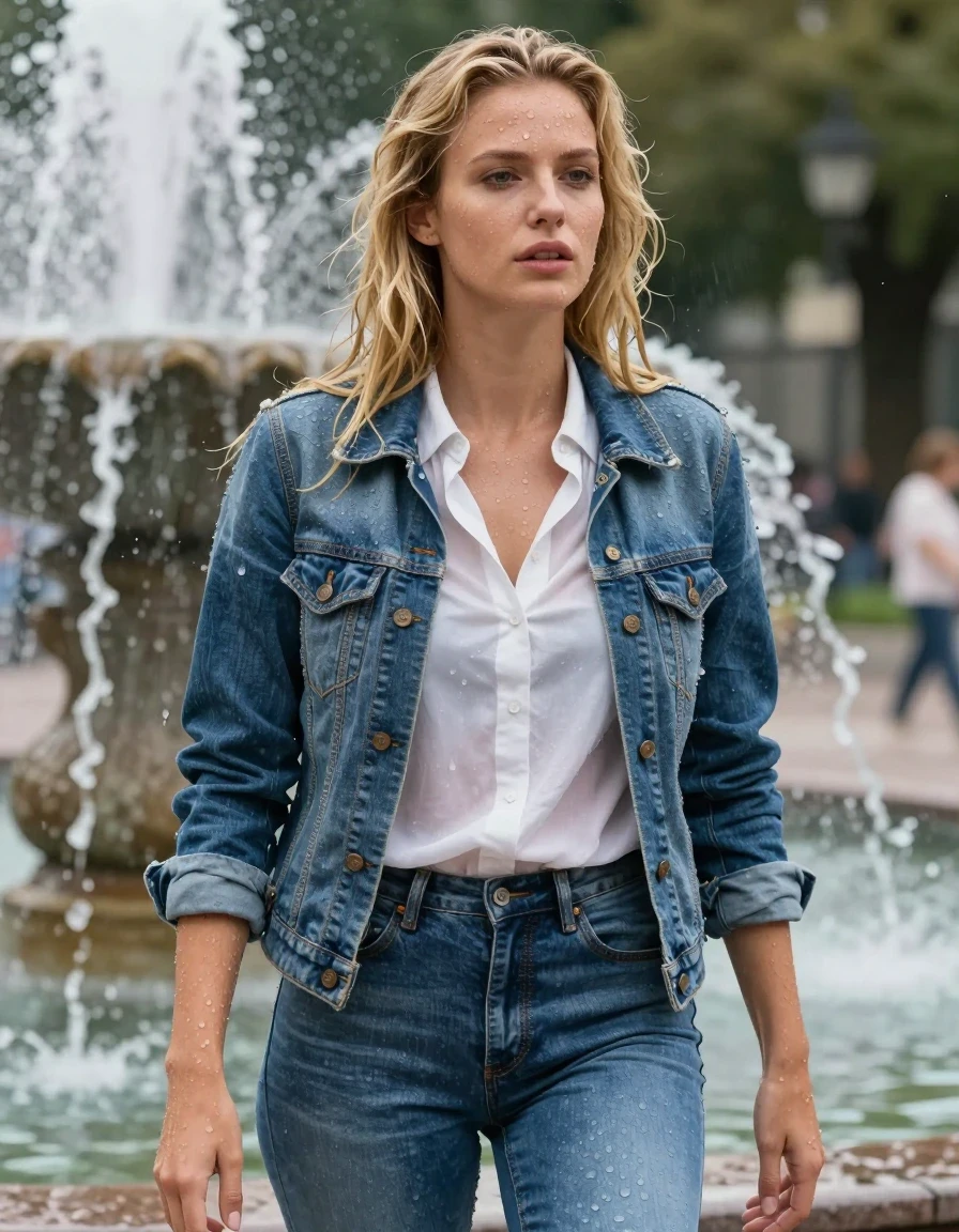 photo of young woman, in soaking wet, drenched clothes,
blue jeans, white shirt blouse, jeans jacket, fountain, 
enjoying, wet clothes stuck to body,
detailed textures of the wet clothes, wet face, wet plastered hair,
wet, drenched, professional, high-quality details, full body view.
sharp focus, ultra-high pixel detail, realistic, high-quality, full colors, incredibly detailed, 4k, 8k, 16k, hyper-realistic, RAW photo, masterpiece, ultra-detailed, professionally color graded, professional photograph, durchnässt, nasse haare, blond, ganzkörper, wet skin, wet clothes, damp fabric