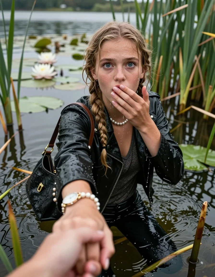 photo of young woman, in soaking wet, drenched clothes,
, black leatherleggings , Learherjacket, v-neck sweater, shoulderbag, pearl necklace, bracelet, wristwatch, Go back deep into the water after diving in a lake with water lilies and reeds, 
enjoying, wet clothes stuck to body,
detailed textures of the wet clothes, wet face, wet plastered hair,
wet, drenched, professional, high-quality details, full body view.
sharp focus, ultra-high pixel detail, realistic, high-quality, full colors, incredibly detailed, 4k, 8k, 16k, hyper-realistic, RAW photo, masterpiece, ultra-detailed, professionally color graded, professional photograph, Blonde Pigtails

15 years old  teenage girl

Looking up, head in the neck, open mouth, big eyes. hold with a hand the other the viewer's hand, pulling them toward the center of the water. One hand on her mouth. Whole body and shoulders are submerged under the surface. Looking up at camera. horny eyes.

she is completely underwater up to her neck,  afraid and astonished expression.

She hides in the reeds.

her submerged clothes are hardly vusible under water, she soaked her handbag into the water
she is completely underwater up to her neck, afraid and astonished expression. 

her clothing is soaking wet and clinging tightly to her skin, showing heavy wet folds, darkened fabric texture, and deep water-saturated Patches, her clothes are heavy from the water, water runs from her body and her clothes in streams. A lot of water also runs out of her clothes. Her clothes are darkened by the water. Her submerged clothes are good visible under the water.  she soaked her handbag into the water.

close up view, wet skin, wet clothes, wet hair, damp fabric, water runs down the clothes, wet skin, wet clothes, damp fabric. cinematic medium shot, hyper-realistic wetness, high-contrast water sheen, sharp focus, 16k resolution, professional photography, realistic water physics., wet skin, wet clothes, damp fabric, wet skin, wet clothes, damp fabric, wet skin, wet clothes, damp fabric
