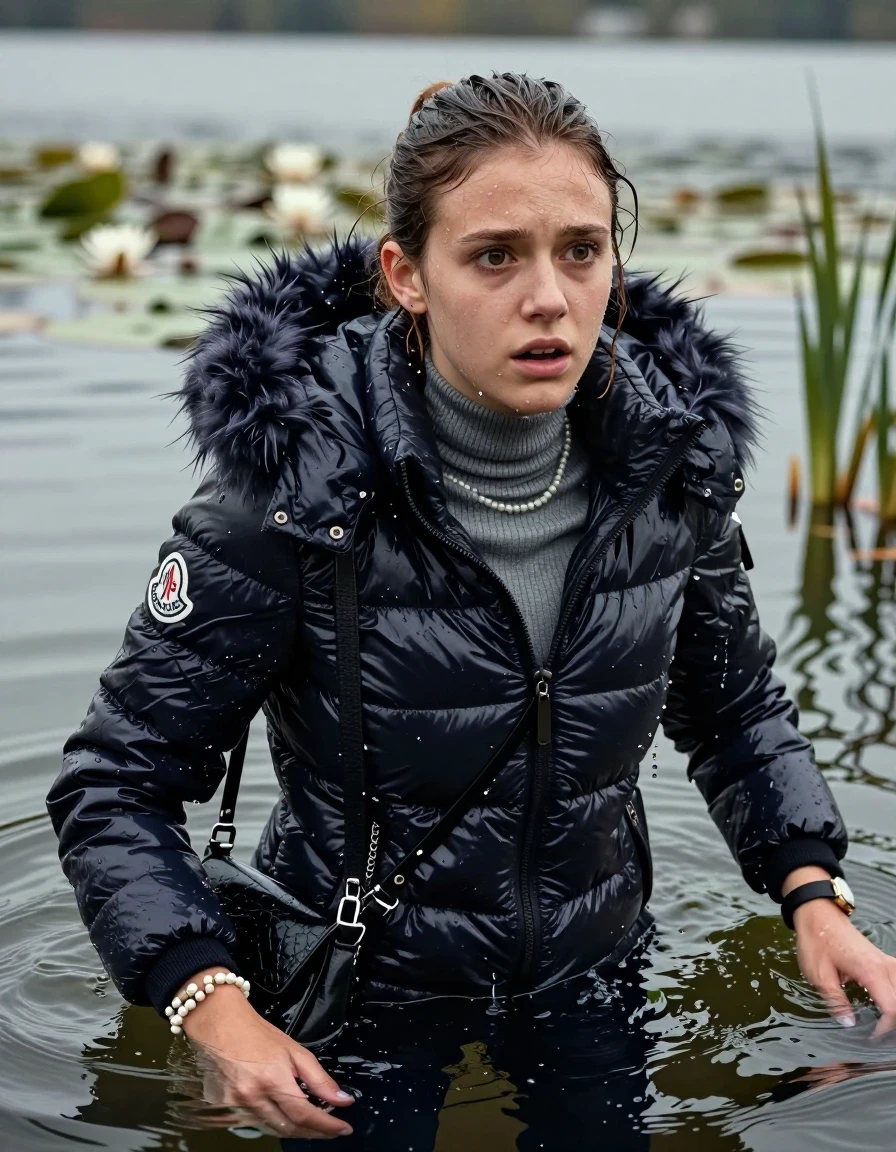 photo of young woman, in soaking wet, drenched clothes,
, , Moncler shiny puffer down jacket with fur, tight turtleneck sweater belly free, shoulderbag, pearl necklace, bracelet, wristwatch, Swimming deep into the water after diving in a lake with water lilies and reeds, 
enjoying, wet clothes stuck to body,
detailed textures of the wet clothes, wet face, wet plastered hair,
wet, drenched, professional, high-quality details, full body view.
sharp focus, ultra-high pixel detail, realistic, high-quality, full colors, incredibly detailed, 4k, 8k, 16k, hyper-realistic, RAW photo, masterpiece, ultra-detailed, professionally color graded, professional photograph, Sleek ponytail 

15 years old  teenage girl

Looking up at camera, Whole body and shoulders are submerged under the surface. horny eyes.

she is completely underwater up to her neck,  fearful and shocked expression. 

Leaning back. Hands up.

her submerged clothes are hardly vusible under water, she soaked her handbag into the water
she is completely underwater up to her neck, afraid and astonished expression. 

her clothing is soaking wet and clinging tightly to her skin, showing heavy wet folds, darkened fabric texture, and deep water-saturated Patches, her clothes are heavy from the water, water runs from her body and her clothes in streams. A lot of water also runs out of her clothes. Her clothes are darkened by the water. Her submerged clothes are good visible under the water.  she soaked her handbag into the water.

close up view, wet skin, wet clothes, wet hair, damp fabric, water runs down the clothes, wet skin, wet clothes, damp fabric. cinematic medium shot, hyper-realistic wetness, high-contrast water sheen, sharp focus, 16k resolution, professional photography, realistic water physics., wet skin, wet clothes, damp fabric, wet skin, wet clothes, damp fabric, wet skin, wet clothes, damp fabric