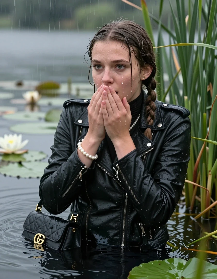 photo of young woman, in soaking wet, drenched clothes,
, , Black biker leatherjacket, tight turtleneck sweater with wide neckline belly free, handbag, pearl necklace, bracelet, wristwatch , Emerging after diving in a lake with water lilies and reeds, rain , 
enjoying, wet clothes stuck to body,
detailed textures of the wet clothes, wet face, wet plastered hair,
wet, drenched, professional, high-quality details, full body view.
sharp focus, ultra-high pixel detail, realistic, high-quality, full colors, incredibly detailed, 4k, 8k, 16k, hyper-realistic, RAW photo, masterpiece, ultra-detailed, professionally color graded, professional photograph, Pigtails

15 years old  teenage girl

Laying her breast on the surface.  Looking slightly away. Hold her hands on her mouth.Open mouth, big eyes.

she is completely underwater up to her neck, afraid and astonished expression. 

She hides in the reeds and is surprised by spectators

her submerged clothes are hardly visible under water, she soaked her handbag into the water

her clothing is soaking wet and clinging tightly to her skin, showing heavy wet folds, darkened fabric texture, and deep water-saturated Patches, her clothes are heavy from the water, water runs from her body and her clothes in streams. A lot of water also runs out of her clothes. Her clothes are darkened by the water. Her submerged clothes are good visible under the water.  she soaked her handbag into the water.

close up view, wet skin, wet clothes, wet hair, damp fabric, water runs down the clothes, wet skin, wet clothes, damp fabric. cinematic medium shot, hyper-realistic wetness, high-contrast water sheen, sharp focus, 16k resolution, professional photography, realistic water physics., wet skin, wet clothes, damp fabric, wet skin, wet clothes, damp fabric