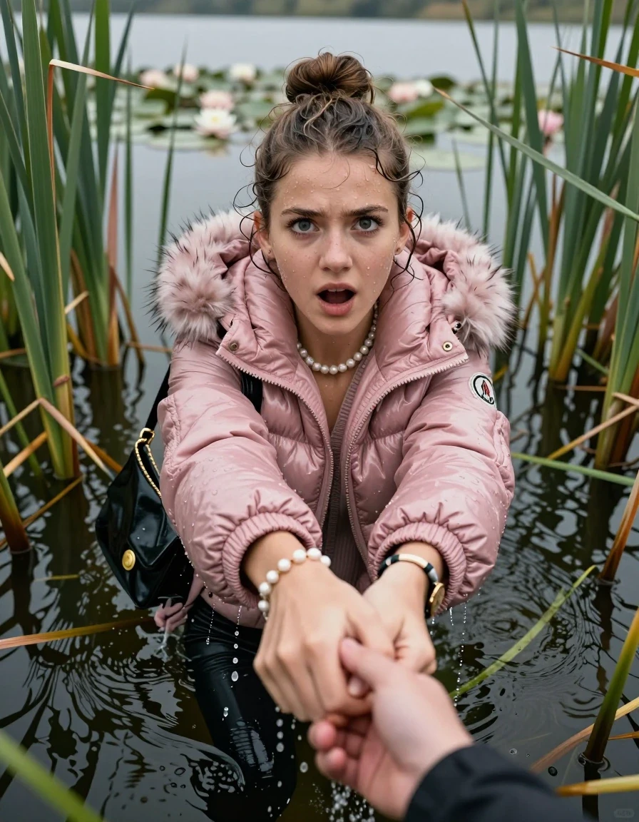 photo of young woman, in soaking wet, drenched clothes,
, black leatherleggings , Pink Moncler shiny puffer down coat with fur, v-neck sweater, shoulderbag, pearl necklace, bracelet, wristwatch, Go back deep into the water after diving in a lake with water lilies and reeds, 
enjoying, wet clothes stuck to body,
detailed textures of the wet clothes, wet face, wet plastered hair,
wet, drenched, professional, high-quality details, full body view.
sharp focus, ultra-high pixel detail, realistic, high-quality, full colors, incredibly detailed, 4k, 8k, 16k, hyper-realistic, RAW photo, masterpiece, ultra-detailed, professionally color graded, professional photograph, Topknot

15 years old  teenage girl

Looking up, head in the neck, open mouth, big eyes. hold with her hands the other the viewer's hand, pulling them toward the center of the water.  Whole body and shoulders are submerged under the surface. Looking up at camera. horny eyes.

she is completely underwater up to her neck,  afraid and sexuell astonished expression.

She hides in the reeds.

her submerged clothes are hardly vusible under water, she soaked her handbag into the water
she is completely underwater up to her neck, afraid and astonished expression. 

her clothing is soaking wet and clinging tightly to her skin, showing heavy wet folds, darkened fabric texture, and deep water-saturated Patches, her clothes are heavy from the water, water runs from her body and her clothes in streams. A lot of water also runs out of her clothes. Her clothes are darkened by the water. Her submerged clothes are good visible under the water.  she soaked her handbag into the water.

close up view, wet skin, wet clothes, wet hair, damp fabric, water runs down the clothes, wet skin, wet clothes, damp fabric. cinematic medium shot, hyper-realistic wetness, high-contrast water sheen, sharp focus, 16k resolution, professional photography, realistic water physics., wet skin, wet clothes, damp fabric, wet skin, wet clothes, damp fabric, wet skin, wet clothes, damp fabric