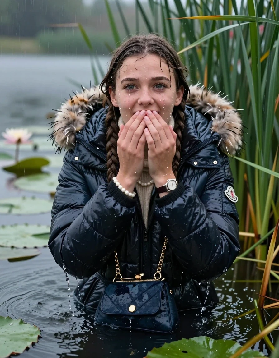 photo of young woman, in soaking wet, drenched clothes,
, , Moncler shiny puffer down coat with fur, tight turtleneck sweater with wide neckline belly free, handbag, pearl necklace, bracelet, wristwatch , Emerging after diving in a lake with water lilies and reeds, rain , 
enjoying, wet clothes stuck to body,
detailed textures of the wet clothes, wet face, wet plastered hair,
wet, drenched, professional, high-quality details, full body view.
sharp focus, ultra-high pixel detail, realistic, high-quality, full colors, incredibly detailed, 4k, 8k, 16k, hyper-realistic, RAW photo, masterpiece, ultra-detailed, professionally color graded, professional photograph, Pigtails

15 years old  teenage girl

Laying her breast on the surface.  Looking up at Camera . Hold her flat hands on her mouth. Water running down her face and neck and clothes.

she is completely underwater up to her neck, afraid and astonished expression but she giggles anyway.  Look incredulous.

She hides in the reeds and is surprised by spectators

her submerged clothes are hardly visible under water, she soaked her handbag into the water

her clothing is soaking wet and clinging tightly to her skin, showing heavy wet folds, darkened fabric texture, and deep water-saturated Patches, her clothes are heavy from the water, water runs from her body and her clothes in streams. A lot of water also runs out of her clothes. Her clothes are darkened by the water. Her submerged clothes are good visible under the water.  she soaked her handbag into the water.

close up view, wet skin, wet clothes, wet hair, damp fabric, water runs down the clothes, wet skin, wet clothes, damp fabric. cinematic medium shot, hyper-realistic wetness, high-contrast water sheen, sharp focus, 16k resolution, professional photography, realistic water physics., wet skin, wet clothes, damp fabric, wet skin, wet clothes, damp fabric