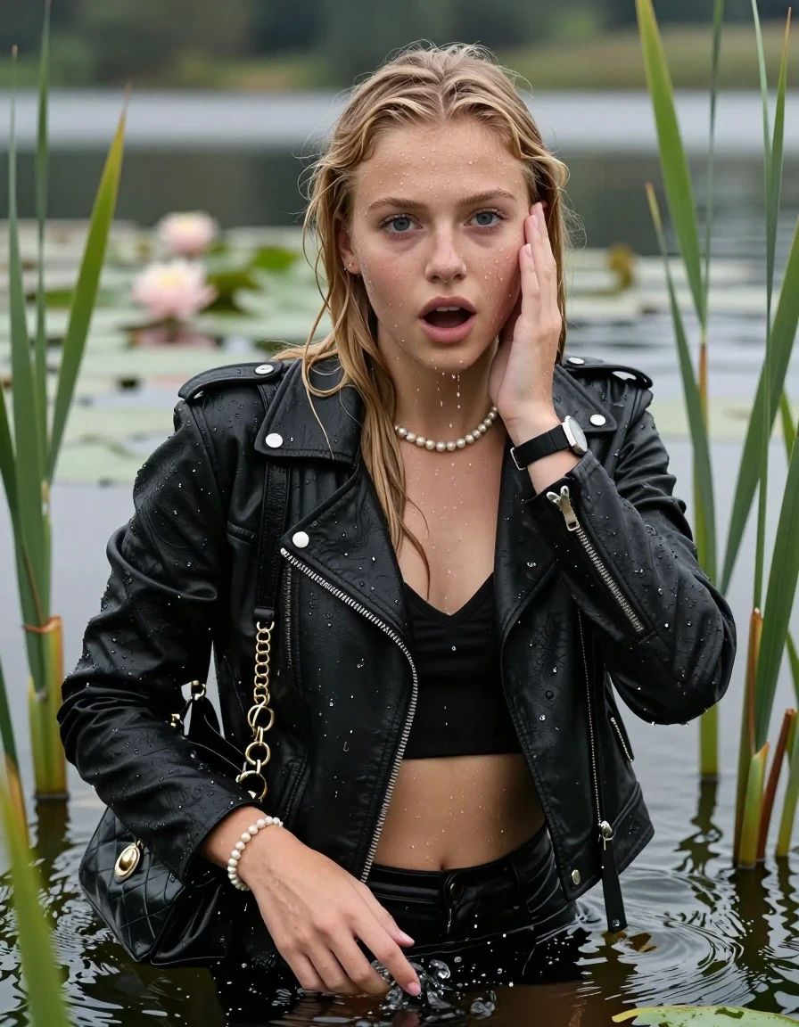 photo of young woman, in soaking wet, drenched clothes,
, , Black biker leatherjacket, v-neck slipover belly free, shoulderbag, pearl necklace, bracelet, wristwatch, Go back in the water after diving in a lake with water lilies and reeds, 
enjoying, wet clothes stuck to body,
detailed textures of the wet clothes, wet face, wet plastered hair,
wet, drenched, professional, high-quality details, full body view.
sharp focus, ultra-high pixel detail, realistic, high-quality, full colors, incredibly detailed, 4k, 8k, 16k, hyper-realistic, RAW photo, masterpiece, ultra-detailed, professionally color graded, professional photograph, Slim  Blonde sleek Long straight hair

15 years old  teenage girl

Looking at camera, open mouth, big eyes. Hold a hand on her face. Whole body and shoulders are submerged under the surface.

she is completely underwater up to her neck,  horny and shocked expression.

She hides in the reeds.

her submerged clothes are hardly vusible under water, she soaked her handbag into the water

her clothing is soaking wet and clinging tightly to her skin, showing heavy wet folds, darkened fabric texture, and deep water-saturated Patches, her clothes are heavy from the water, water runs from her body and her clothes in streams. A lot of water also runs out of her clothes. Her clothes are darkened by the water. Her submerged clothes are good visible under the water.  she soaked her handbag into the water.

close up view, wet skin, wet clothes, wet hair, damp fabric, water runs down the clothes, wet skin, wet clothes, damp fabric. cinematic medium shot, hyper-realistic wetness, high-contrast water sheen, sharp focus, 16k resolution, professional photography, realistic water physics., wet skin, wet clothes, damp fabric, wet skin, wet clothes, damp fabric, wet skin, wet clothes, damp fabric, wet skin, wet clothes, damp fabric
