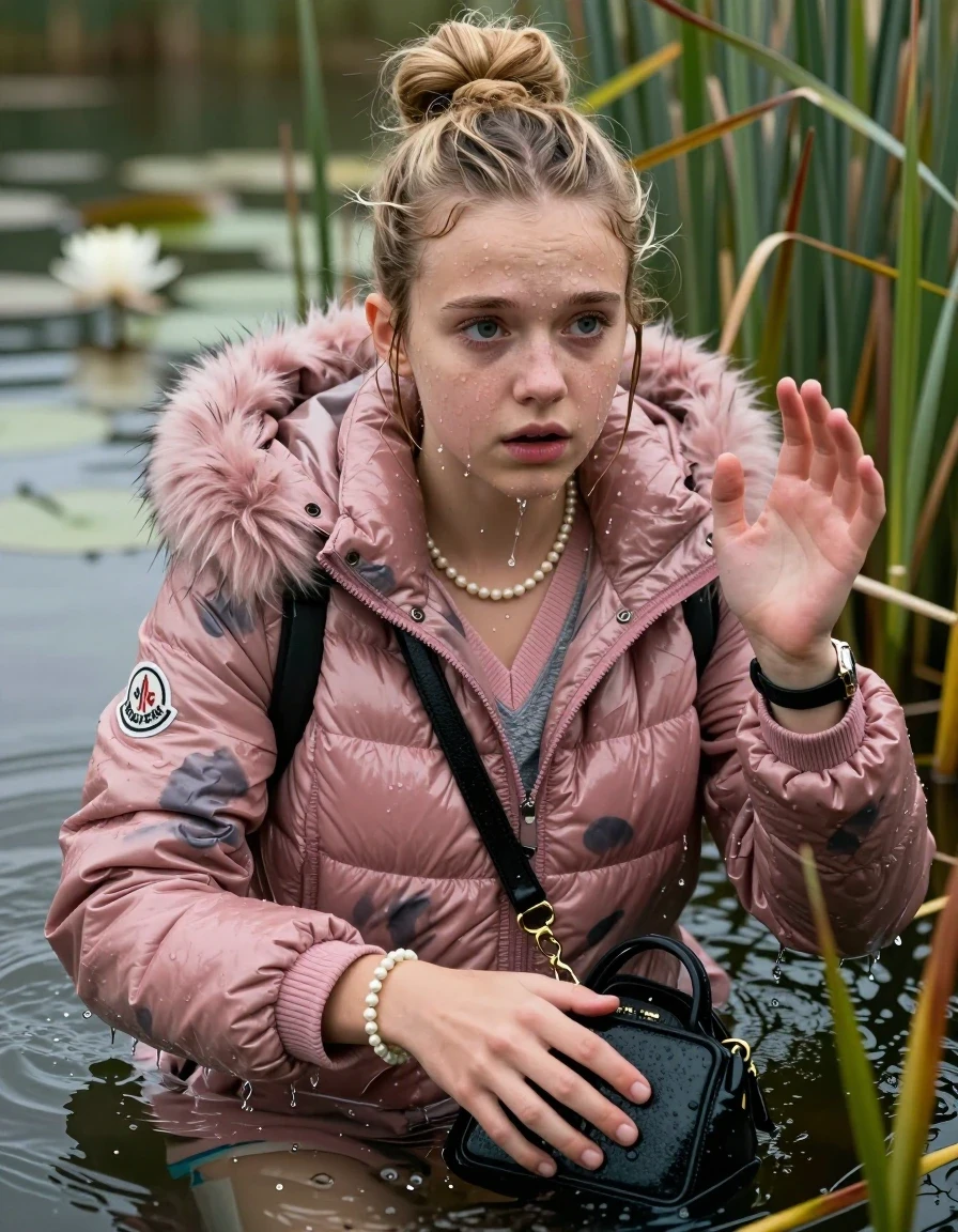 photo of young woman, in soaking wet, drenched clothes,
, , Pink Moncler shiny puffer down coat with fur, v-neck sweater, shoulderbag, pearl necklace, bracelet, wristwatch, Go back in the water after diving in a lake with water lilies and reeds, 
enjoying, wet clothes stuck to body,
detailed textures of the wet clothes, wet face, wet plastered hair,
wet, drenched, professional, high-quality details, full body view.
sharp focus, ultra-high pixel detail, realistic, high-quality, full colors, incredibly detailed, 4k, 8k, 16k, hyper-realistic, RAW photo, masterpiece, ultra-detailed, professionally color graded, professional photograph, Blonde Topknot

15 years old  teenage girl

Looking slightly away, open mouth, big eyes. hands up. Whole body and shoulders are submerged under the surface. Looking up at camera. horny eyes.

she is completely underwater up to her neck,  sad but enjoying expression.

She hides in the reeds.

her submerged clothes are hardly vusible under water, she soaked her handbag into the water
she is completely underwater up to her neck, afraid and astonished expression. 

her clothing is soaking wet and clinging tightly to her skin, showing heavy wet folds, darkened fabric texture, and deep water-saturated Patches, her clothes are heavy from the water, water runs from her body and her clothes in streams. A lot of water also runs out of her clothes. Her clothes are darkened by the water. Her submerged clothes are good visible under the water.  she soaked her handbag into the water.

close up view, wet skin, wet clothes, wet hair, damp fabric, water runs down the clothes, wet skin, wet clothes, damp fabric. cinematic medium shot, hyper-realistic wetness, high-contrast water sheen, sharp focus, 16k resolution, professional photography, realistic water physics., wet skin, wet clothes, damp fabric, wet skin, wet clothes, damp fabric, wet skin, wet clothes, damp fabric