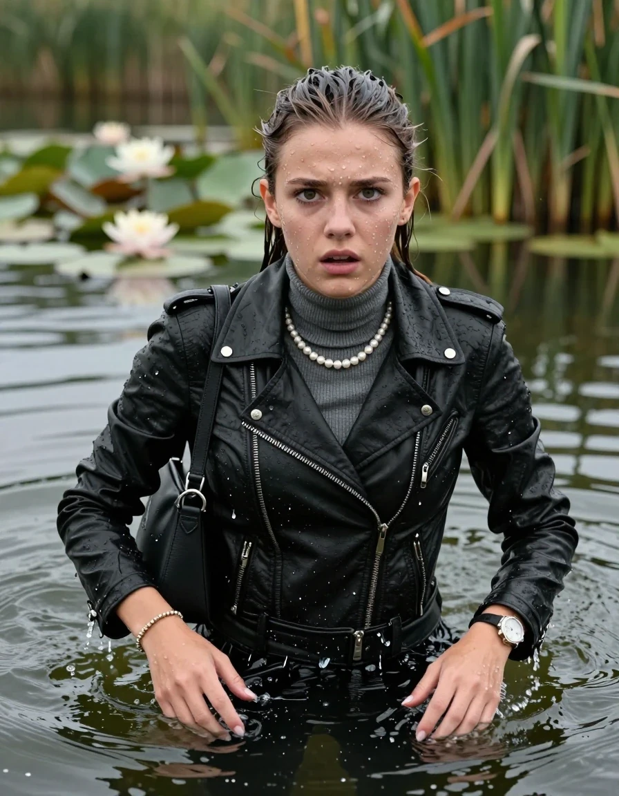 photo of young woman, in soaking wet, drenched clothes,
, , Biker leatherjacket, tight turtleneck sweater belly free, shoulderbag, pearl necklace, bracelet, wristwatch, Swimming and sinking deep into the water after diving in a lake with water lilies and reeds, 
enjoying, wet clothes stuck to body,
detailed textures of the wet clothes, wet face, wet plastered hair,
wet, drenched, professional, high-quality details, full body view.
sharp focus, ultra-high pixel detail, realistic, high-quality, full colors, incredibly detailed, 4k, 8k, 16k, hyper-realistic, RAW photo, masterpiece, ultra-detailed, professionally color graded, professional photograph, Sleek ponytail 

15 years old  teenage girl

Looking up at camera, Whole body and shoulders are submerged under the surface. horny eyes.

she is completely underwater up to her neck,  fearful and shocked expression. 

 Swimming Movements with Her Arms.

her submerged clothes are hardly vusible under water, she soaked her handbag into the water
she is completely underwater up to her neck, afraid and astonished expression. 

her clothing is soaking wet and clinging tightly to her skin, showing heavy wet folds, darkened fabric texture, and deep water-saturated Patches, her clothes are heavy from the water, water runs from her body and her clothes in streams. A lot of water also runs out of her clothes. Her clothes are darkened by the water. Her submerged clothes are good visible under the water.  she soaked her handbag into the water.

close up view, wet skin, wet clothes, wet hair, damp fabric, water runs down the clothes, wet skin, wet clothes, damp fabric. cinematic medium shot, hyper-realistic wetness, high-contrast water sheen, sharp focus, 16k resolution, professional photography, realistic water physics., wet skin, wet clothes, damp fabric, wet skin, wet clothes, damp fabric, wet skin, wet clothes, damp fabric