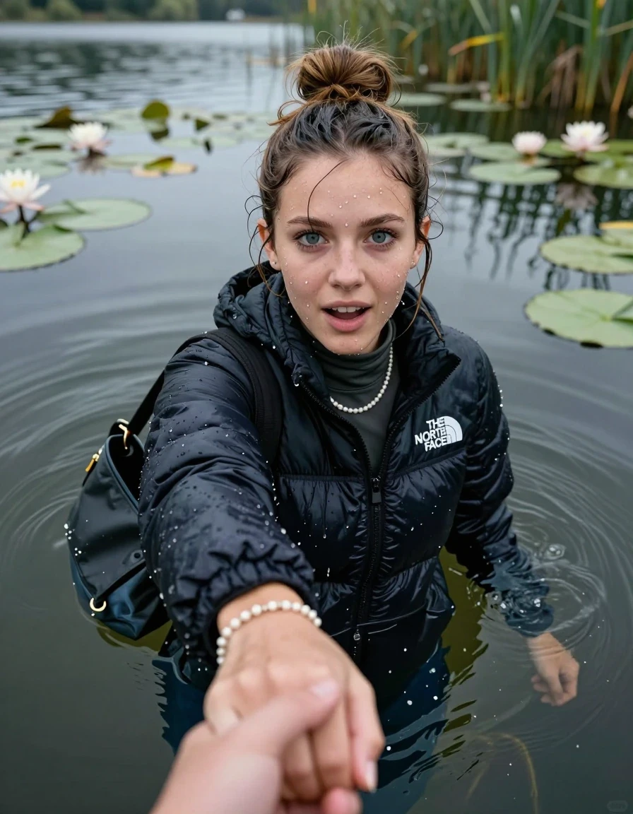 photo of young woman, in soaking wet, drenched clothes,
, , North face puffer down jacket, tight turtleneck sweater belly free, shoulderbag, pearl necklace, bracelet, wristwatch, Go back deep into the water after diving in a lake with water lilies and reeds, 
enjoying, wet clothes stuck to body,
detailed textures of the wet clothes, wet face, wet plastered hair,
wet, drenched, professional, high-quality details, full body view.
sharp focus, ultra-high pixel detail, realistic, high-quality, full colors, incredibly detailed, 4k, 8k, 16k, hyper-realistic, RAW photo, masterpiece, ultra-detailed, professionally color graded, professional photograph, Topknot

15 years old  teenage girl

Looking up at camera, open mouth, big eyes. hold with a hand the other the viewer's hand, pulling them toward the center of the water. One hand take a Selfie. Whole body and shoulders are submerged under the surface. Looking up at camera. horny eyes.

she is completely underwater up to her neck,  afraid and astonished expression. Slightly smile.

her submerged clothes are hardly vusible under water, she soaked her handbag into the water
she is completely underwater up to her neck, afraid and astonished expression. 

her clothing is soaking wet and clinging tightly to her skin, showing heavy wet folds, darkened fabric texture, and deep water-saturated Patches, her clothes are heavy from the water, water runs from her body and her clothes in streams. A lot of water also runs out of her clothes. Her clothes are darkened by the water. Her submerged clothes are good visible under the water.  she soaked her handbag into the water.

close up view, wet skin, wet clothes, wet hair, damp fabric, water runs down the clothes, wet skin, wet clothes, damp fabric. cinematic medium shot, hyper-realistic wetness, high-contrast water sheen, sharp focus, 16k resolution, professional photography, realistic water physics., wet skin, wet clothes, damp fabric, wet skin, wet clothes, damp fabric, wet skin, wet clothes, damp fabric